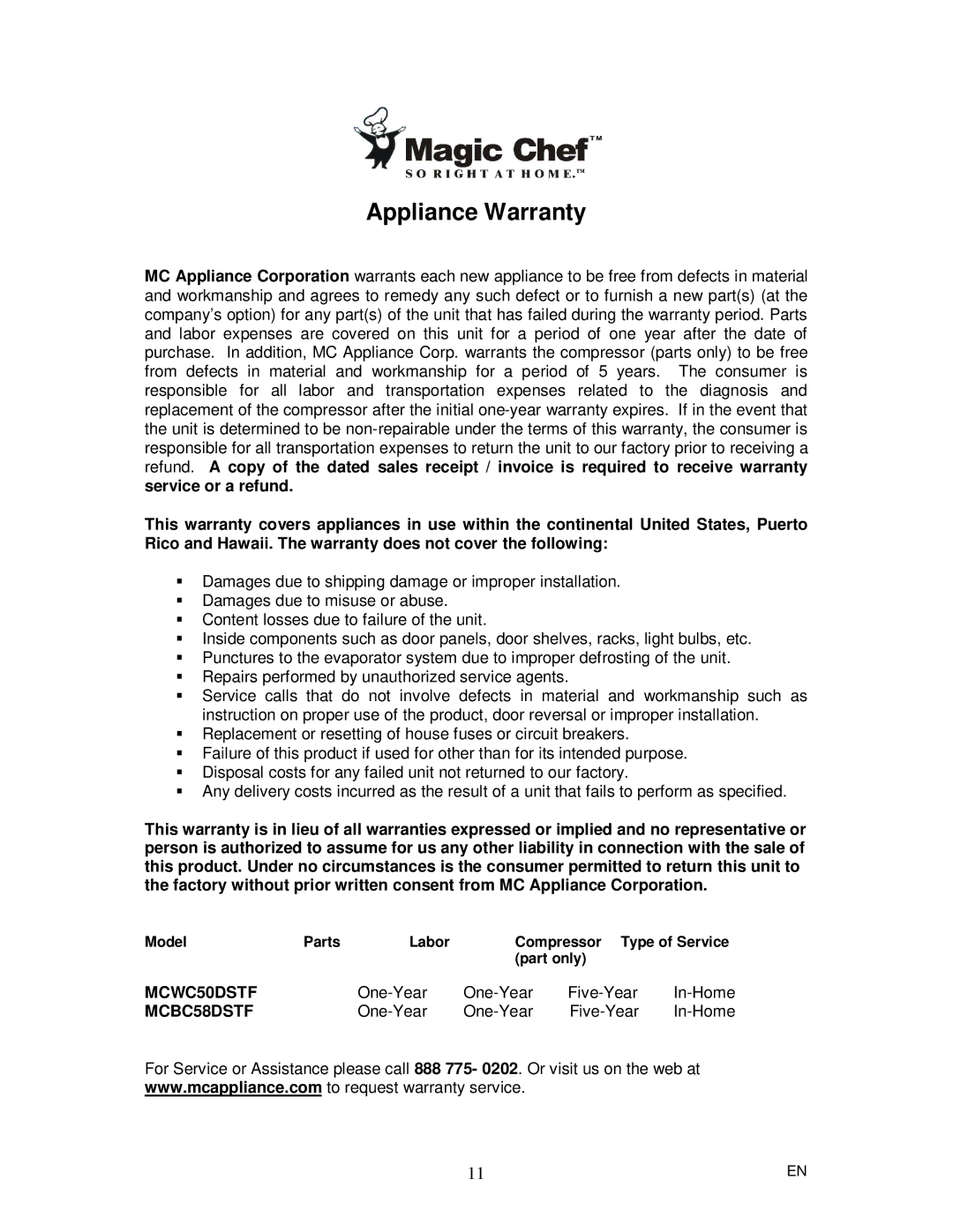 Magic Chef MCBC58DSTF instruction manual Appliance Warranty 