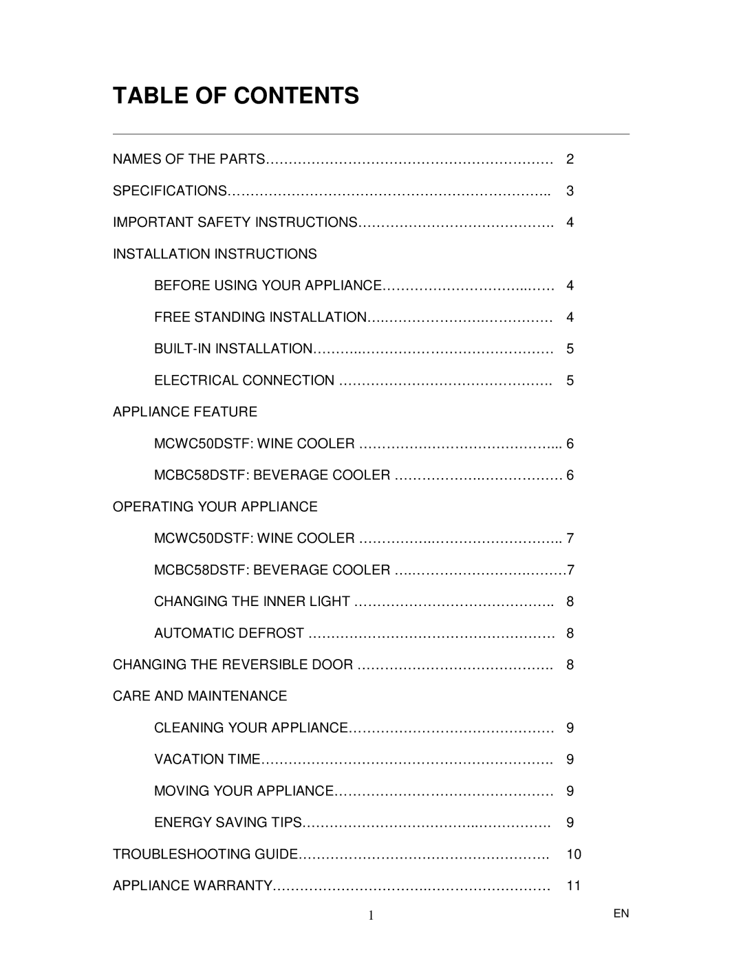 Magic Chef MCBC58DSTF instruction manual Table of Contents 