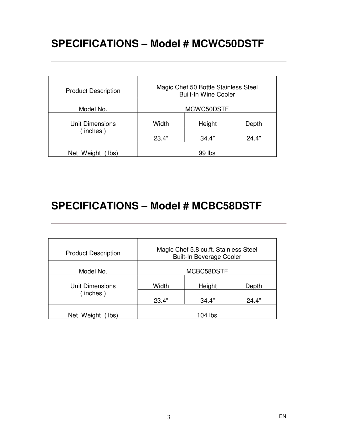 Magic Chef MCBC58DSTF instruction manual Specifications Model # MCWC50DSTF 