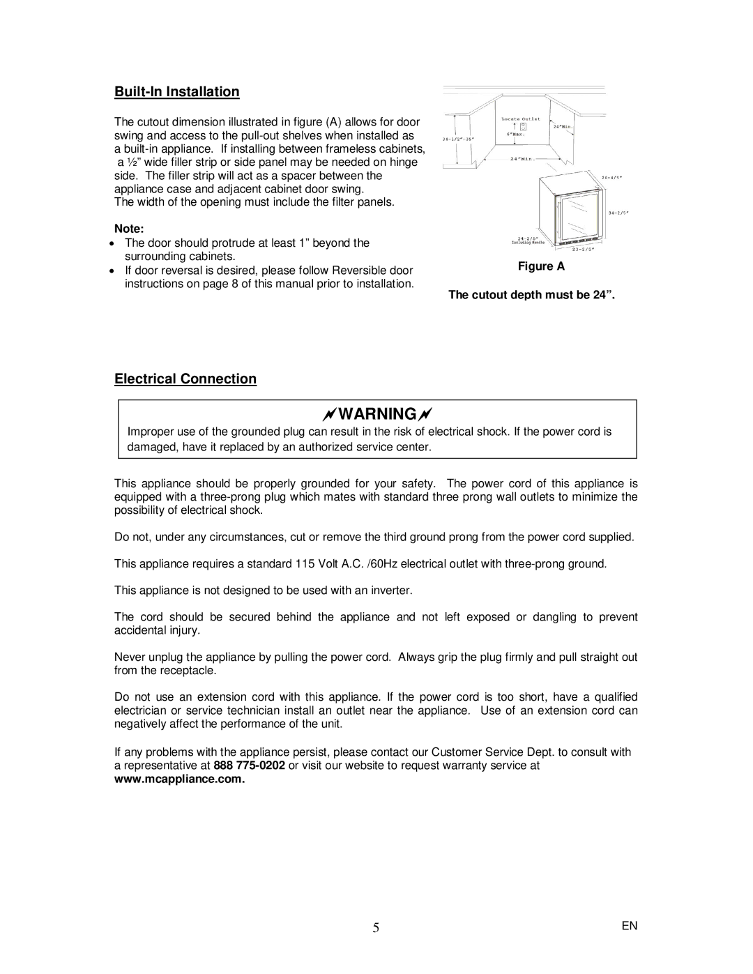 Magic Chef MCBC58DSTF instruction manual Built-In Installation, Electrical Connection 