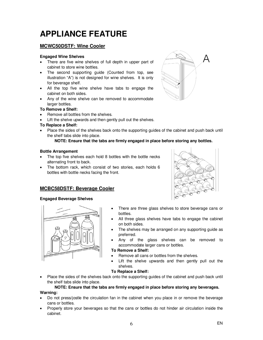 Magic Chef instruction manual Appliance Feature, MCWC50DSTF Wine Cooler, MCBC58DSTF Beverage Cooler 