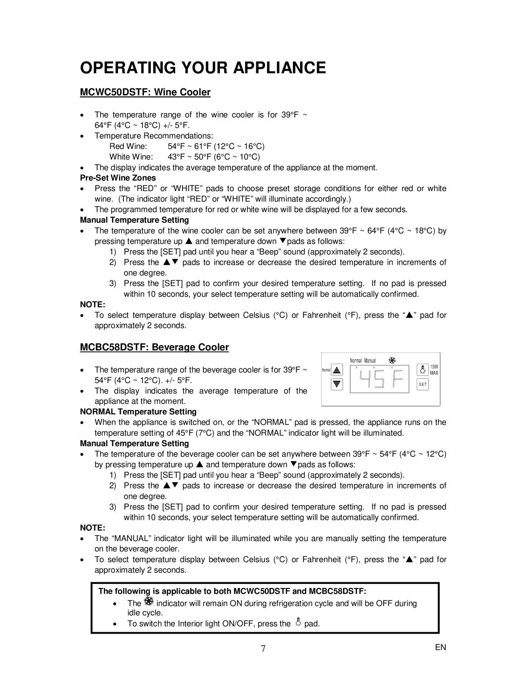 Magic Chef MCBC58DSTF instruction manual Operating Your Appliance, Pre-Set Wine Zones 