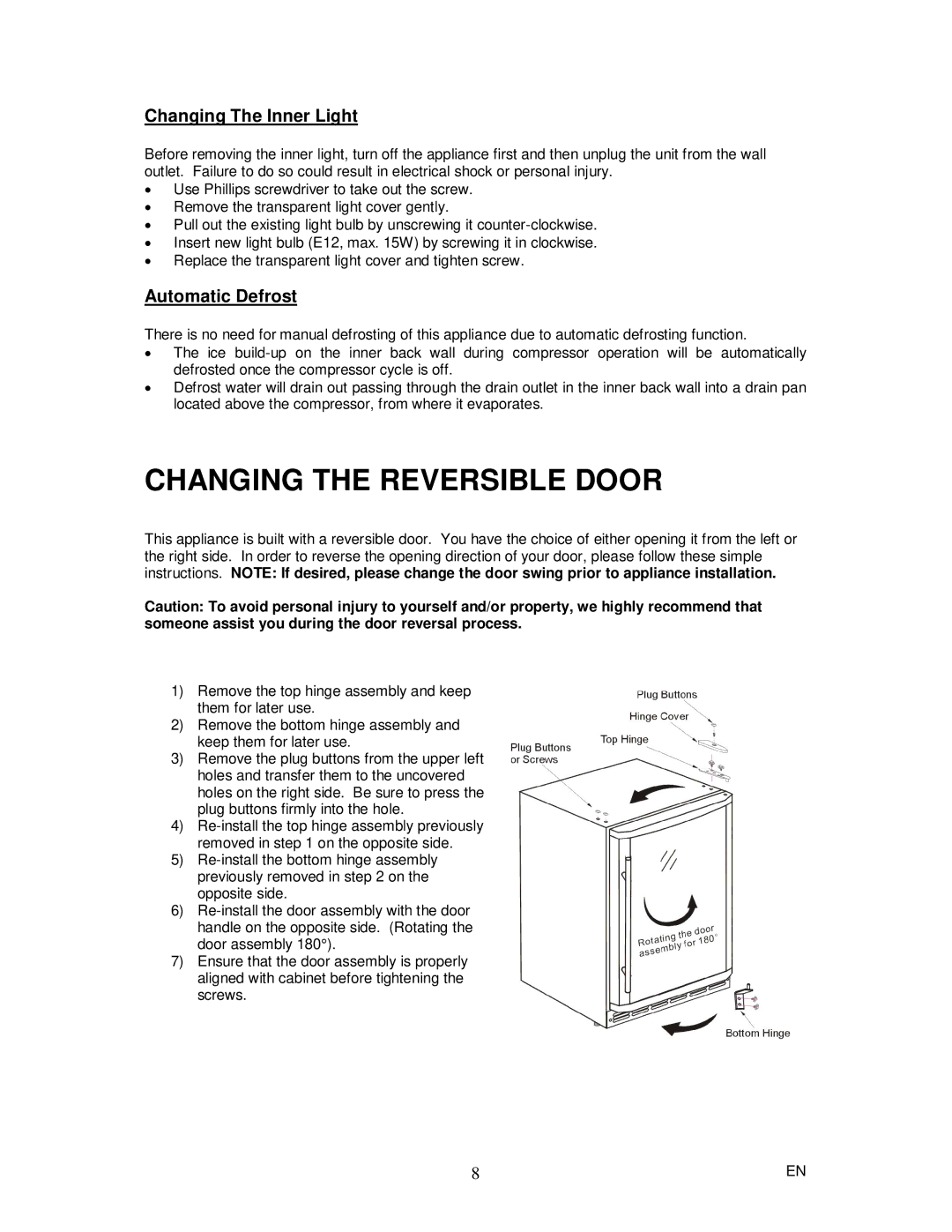 Magic Chef MCBC58DSTF instruction manual Changing the Reversible Door, Changing The Inner Light, Automatic Defrost 