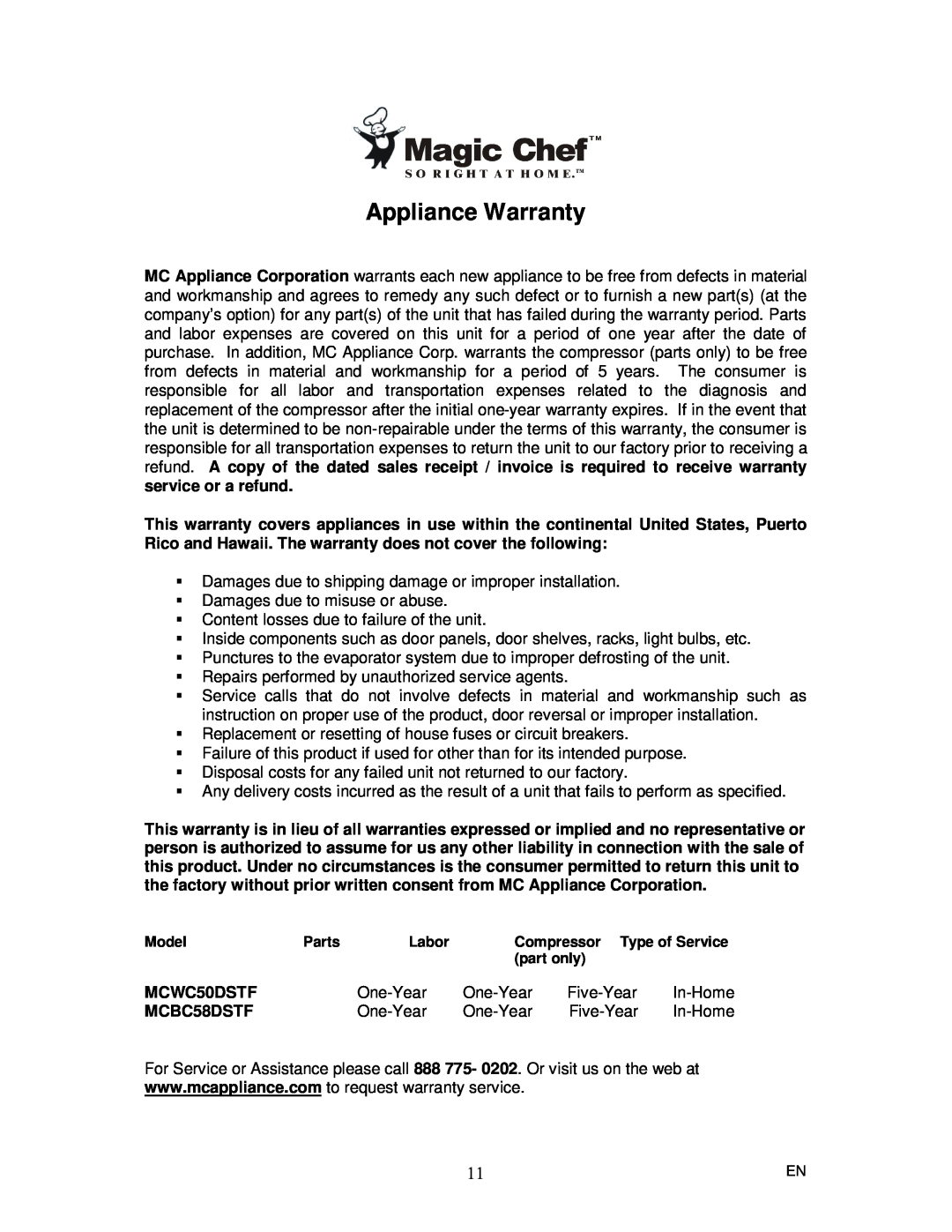Magic Chef MCBC58DSTF instruction manual Appliance Warranty, MCWC50DSTF 