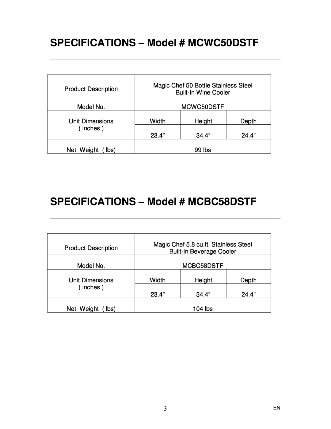 Magic Chef instruction manual SPECIFICATIONS - Model # MCWC50DSTF, SPECIFICATIONS - Model # MCBC58DSTF 