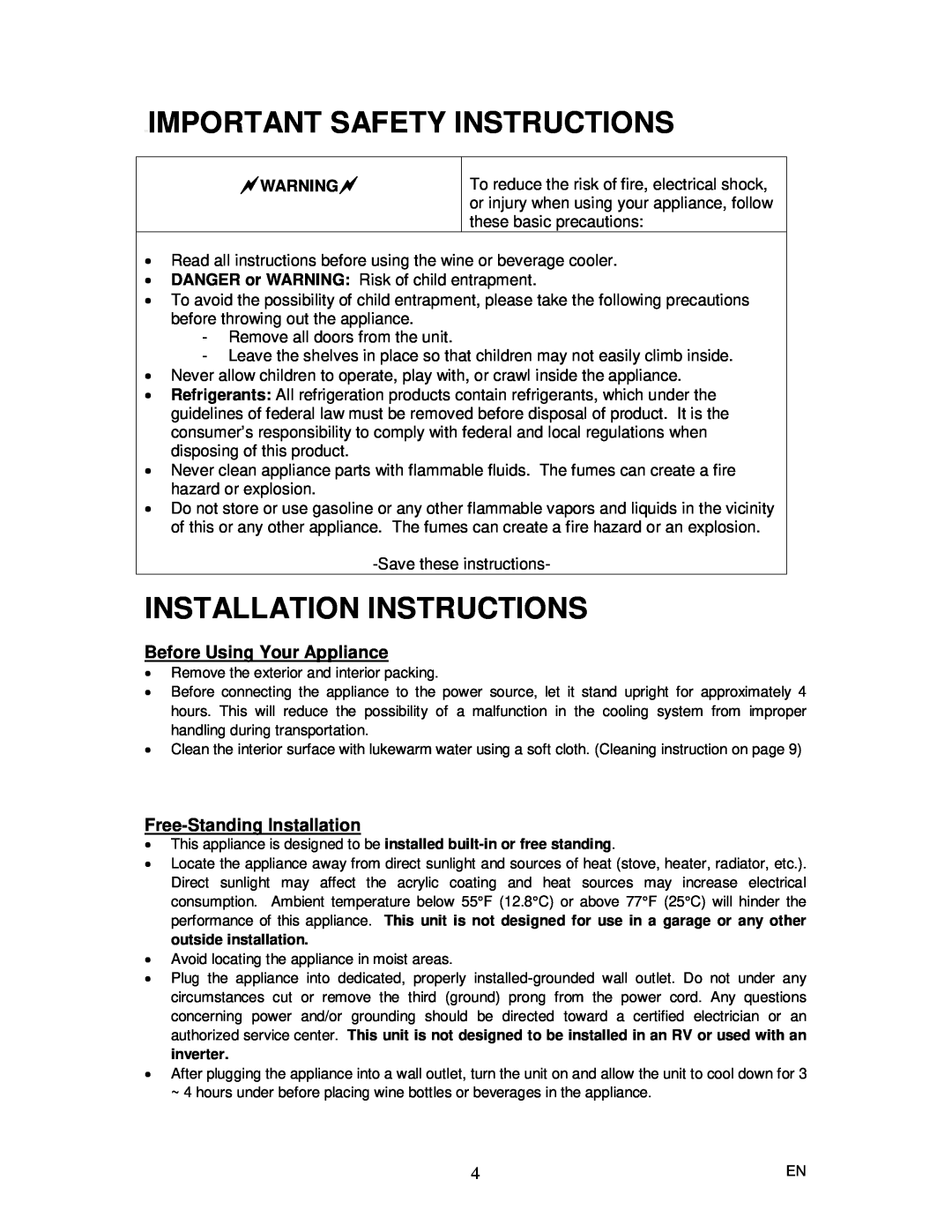Magic Chef MCBC58DSTF Important Safety Instructions, Installation Instructions, Before Using Your Appliance, Warning 