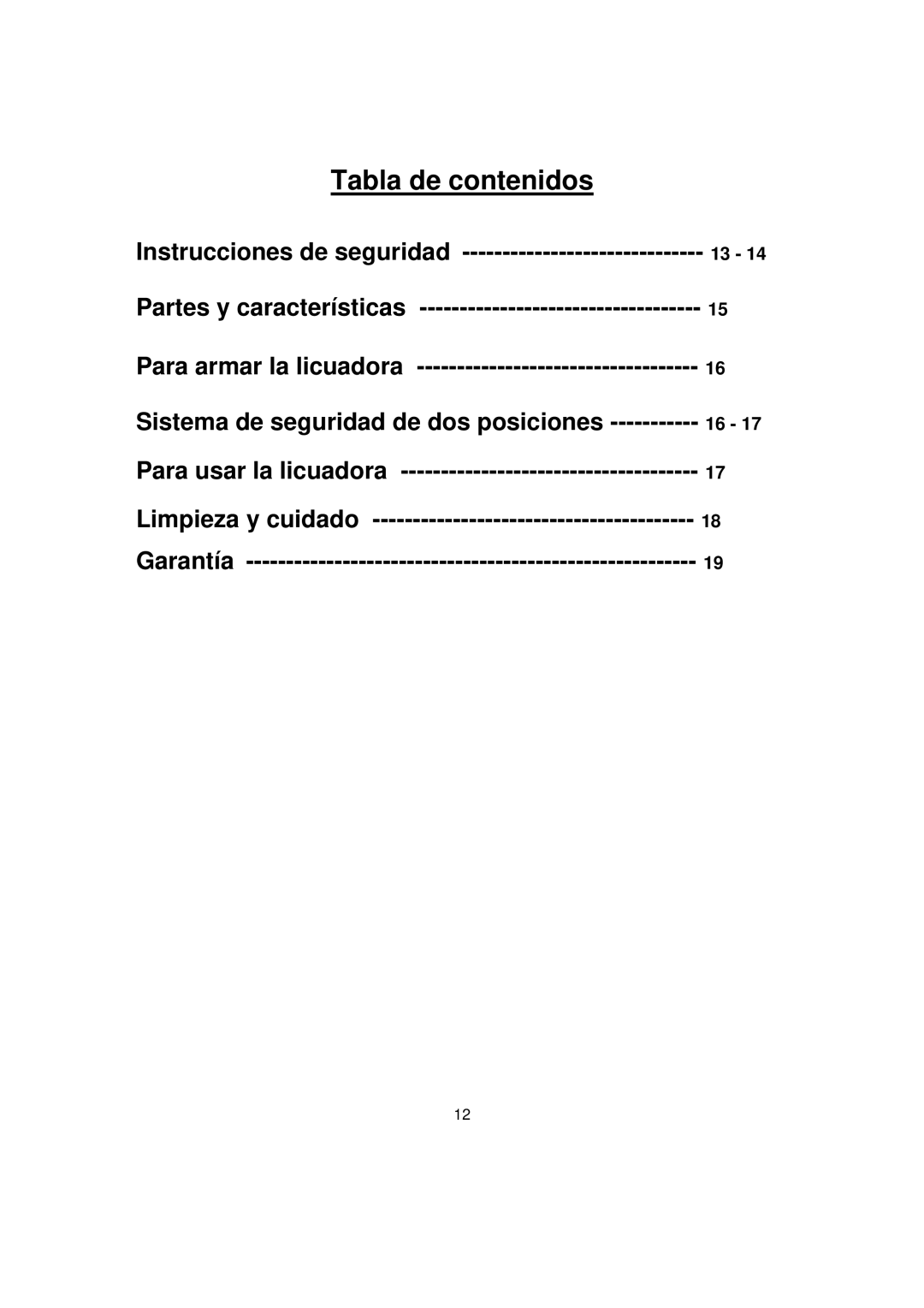 Magic Chef MCBL5CG Tabla de contenidos, Para armar la licuadora, Para usar la licuadora Limpieza y cuidado Garantía 