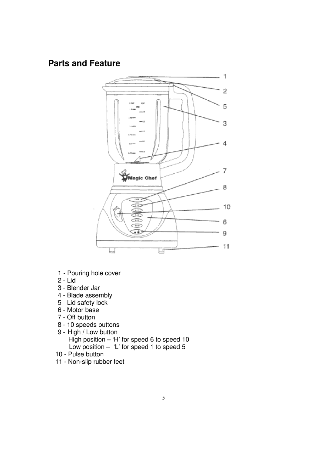 Magic Chef MCBL5CG operating instructions Parts and Feature 