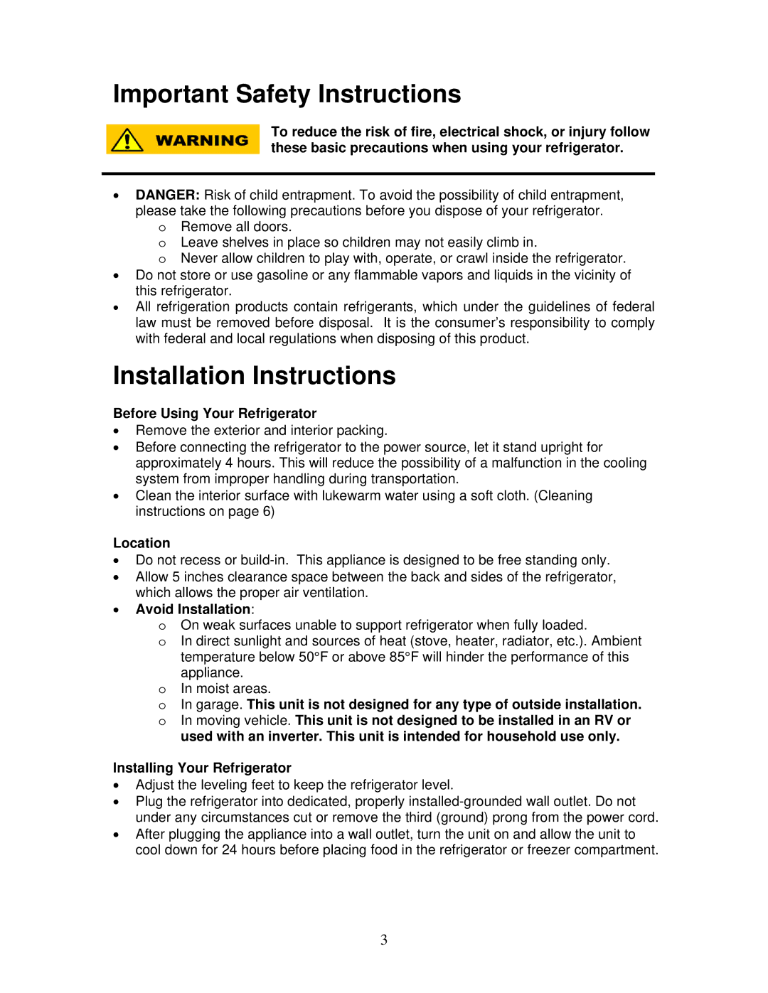 Magic Chef MCBR1020W Important Safety Instructions, Installation Instructions, Before Using Your Refrigerator, Location 