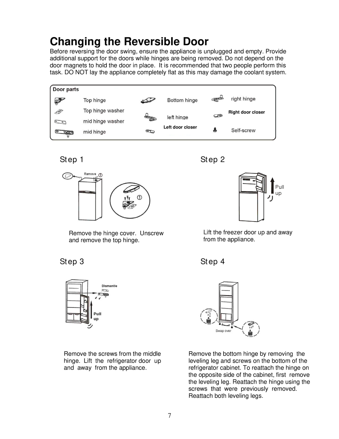 Magic Chef MCBR1020W important safety instructions Changing the Reversible Door, Step 