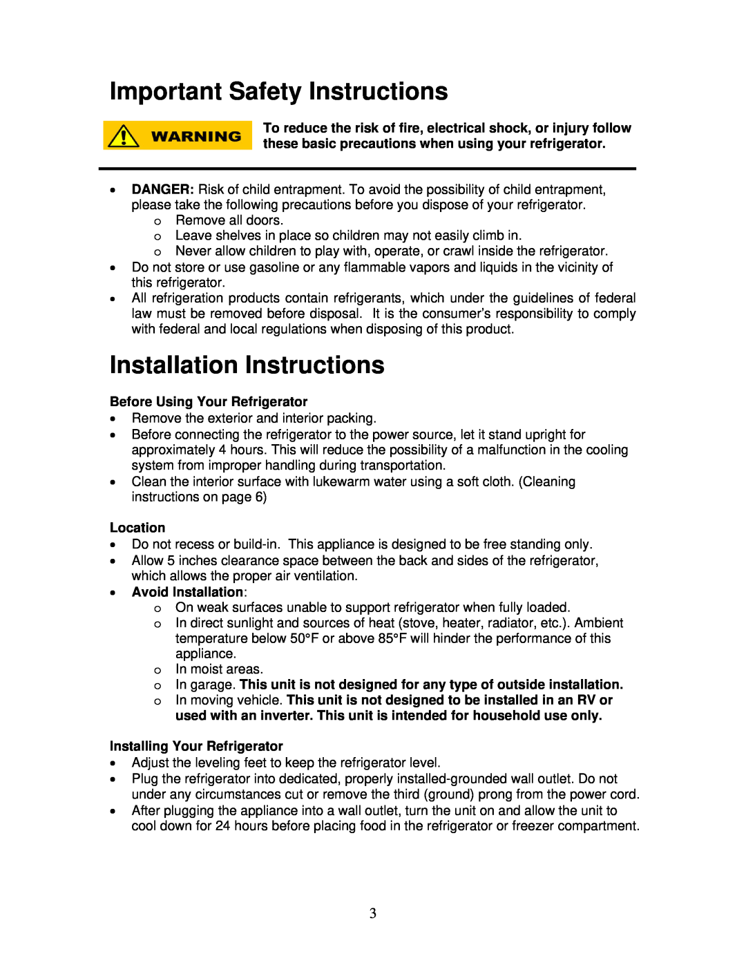 Magic Chef MCBR1020W Important Safety Instructions, Installation Instructions, Before Using Your Refrigerator, Location 