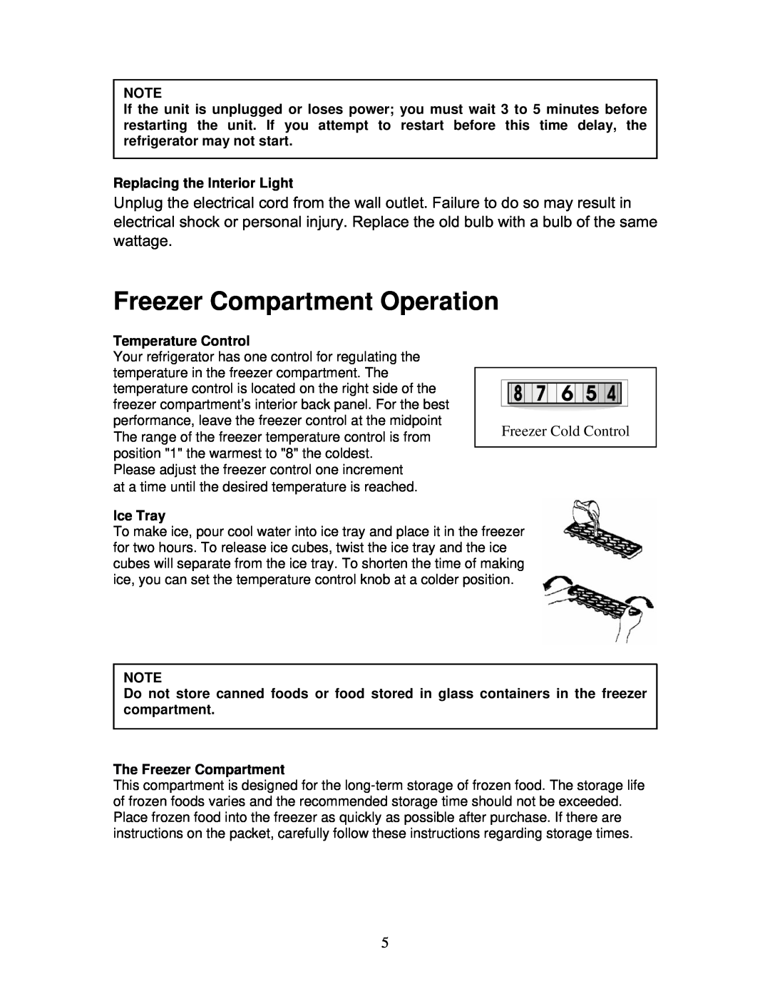 Magic Chef MCBR1020W Freezer Compartment Operation, Freezer Cold Control, Replacing the Interior Light, Ice Tray 