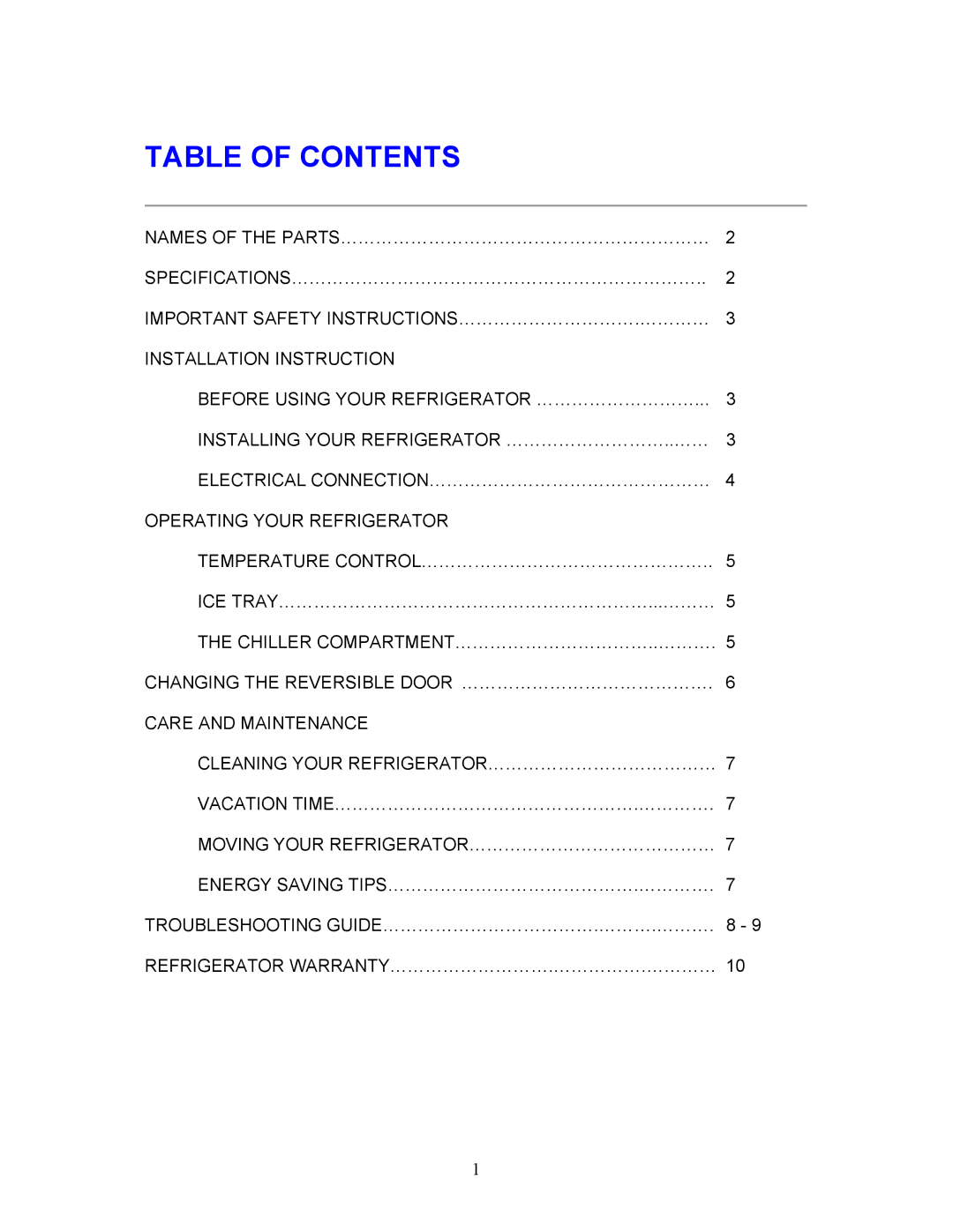 Magic Chef MCBR170B instruction manual Table of Contents 