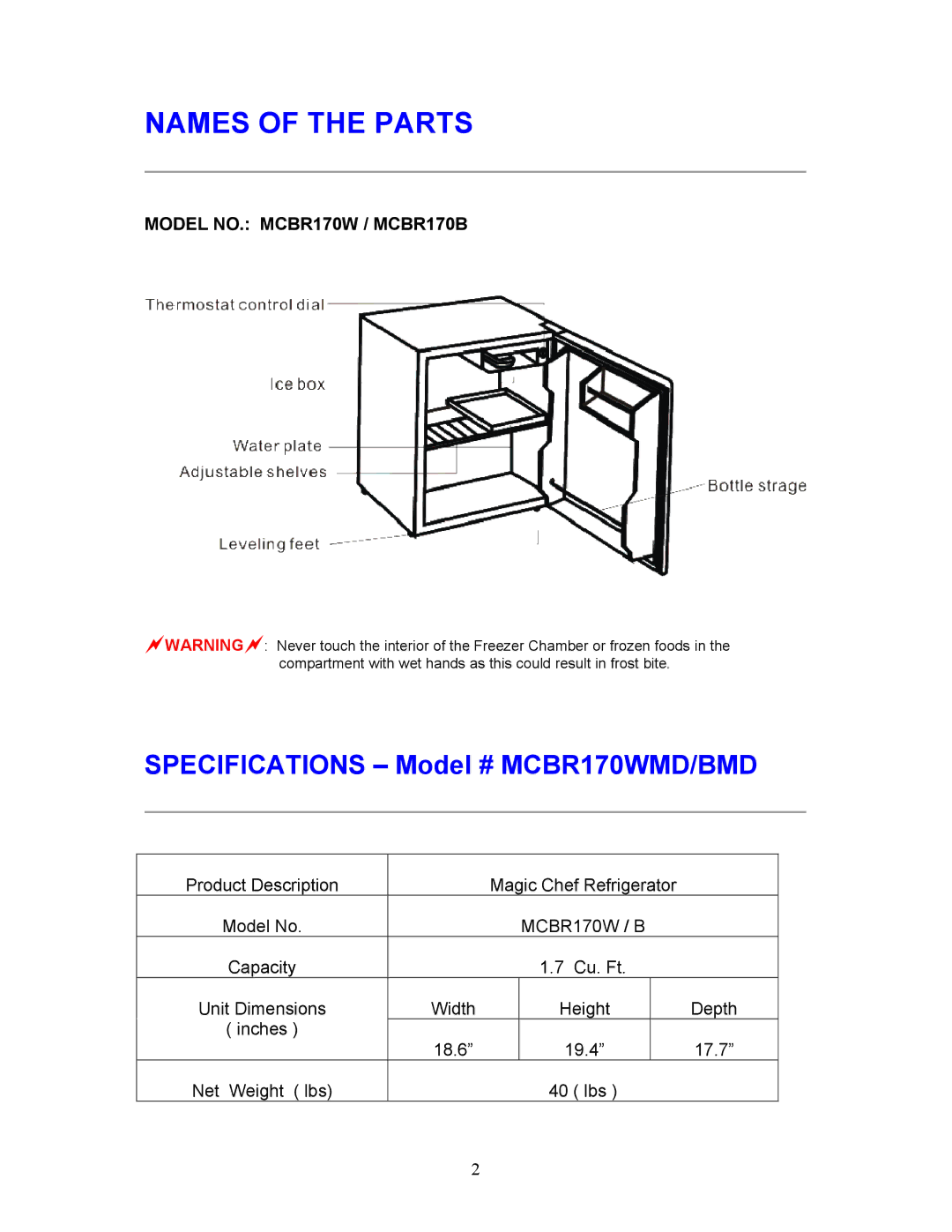 Magic Chef MCBR170B instruction manual Names of the Parts, Specifications Model # MCBR170WMD/BMD 