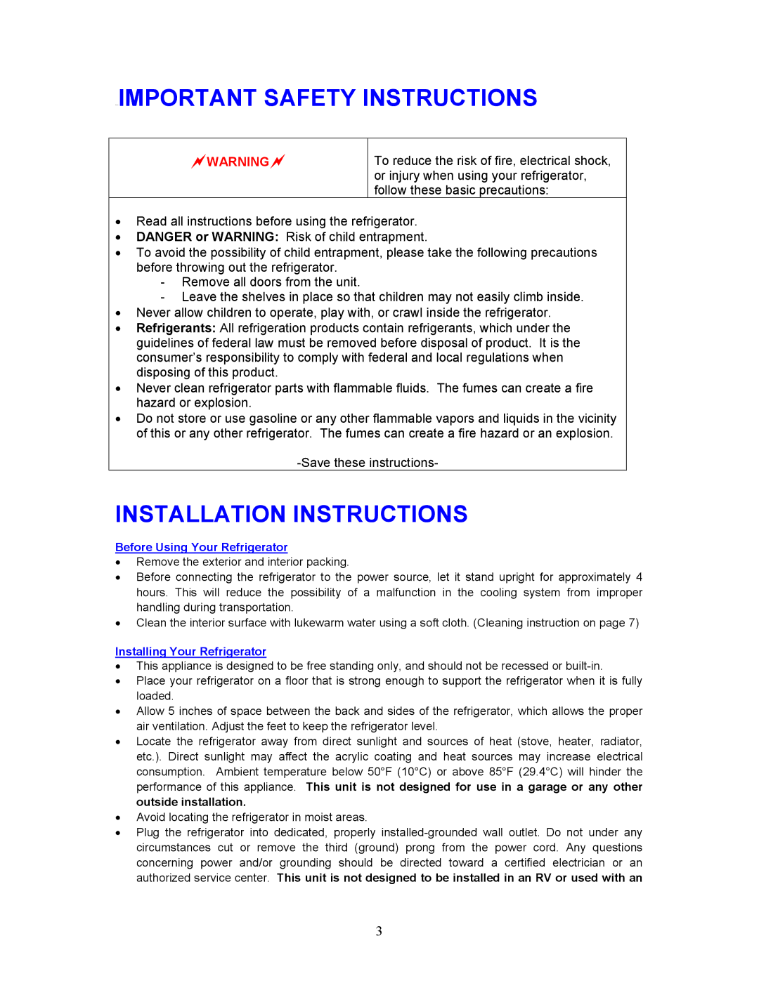 Magic Chef MCBR170B Important Safety Instructions, Installation Instructions, Before Using Your Refrigerator 