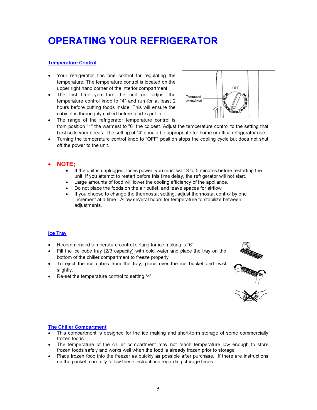 Magic Chef MCBR170B instruction manual Operating Your Refrigerator, Temperature Control, Ice Tray, Chiller Compartment 