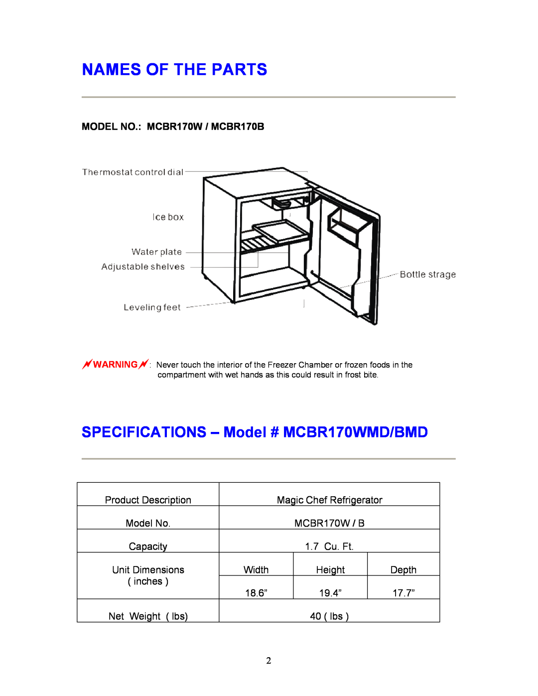 Magic Chef instruction manual Names Of The Parts, MODEL NO. MCBR170W / MCBR170B, SPECIFICATIONS - Model # MCBR170WMD/BMD 