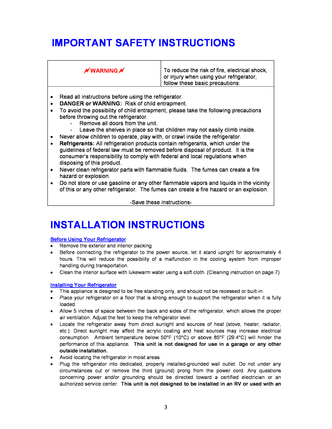 Magic Chef MCBR170B instruction manual Important Safety Instructions, Installation Instructions 