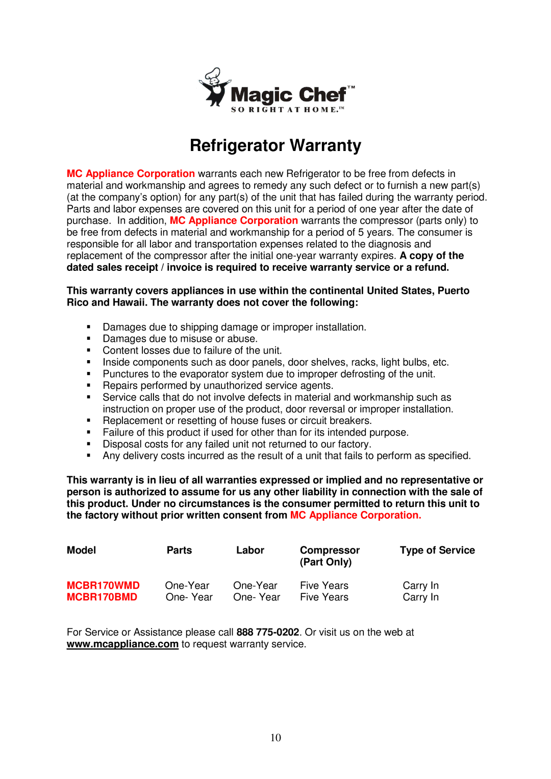 Magic Chef MCBR170BMD, MCBR170WMD instruction manual Refrigerator Warranty 