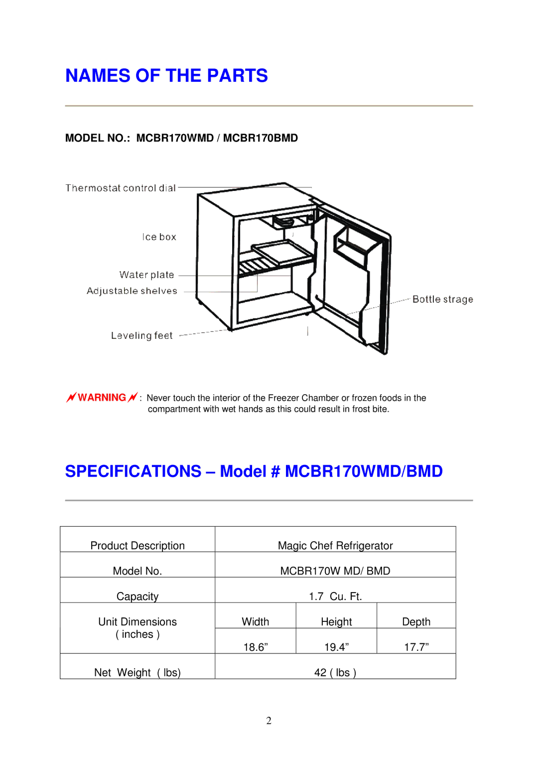 Magic Chef MCBR170BMD instruction manual Names of the Parts, Specifications Model # MCBR170WMD/BMD 