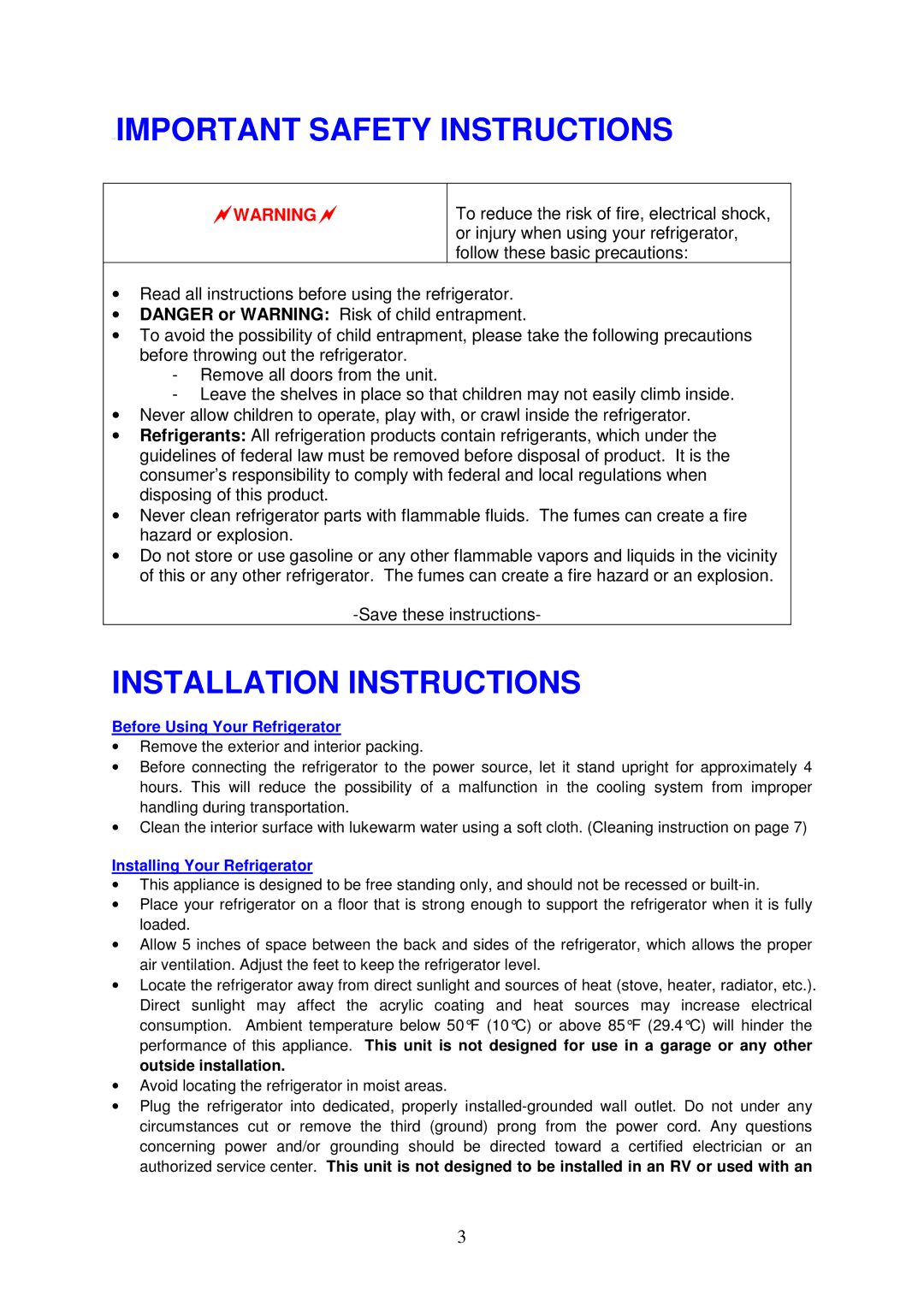 Magic Chef MCBR170WMD, MCBR170BMD Important Safety Instructions, Installation Instructions, Before Using Your Refrigerator 