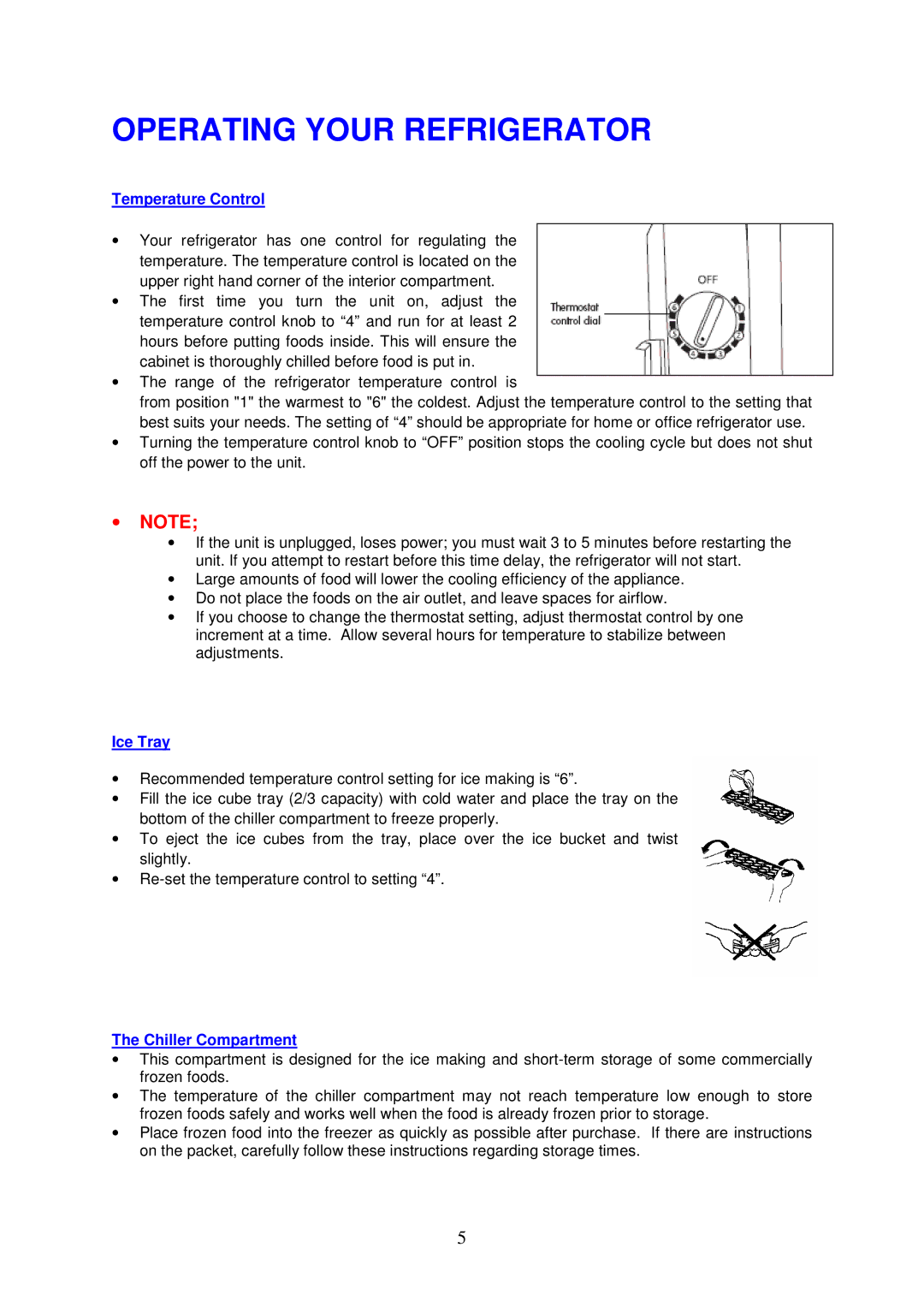 Magic Chef MCBR170WMD, MCBR170BMD Operating Your Refrigerator, Temperature Control, Ice Tray, Chiller Compartment 