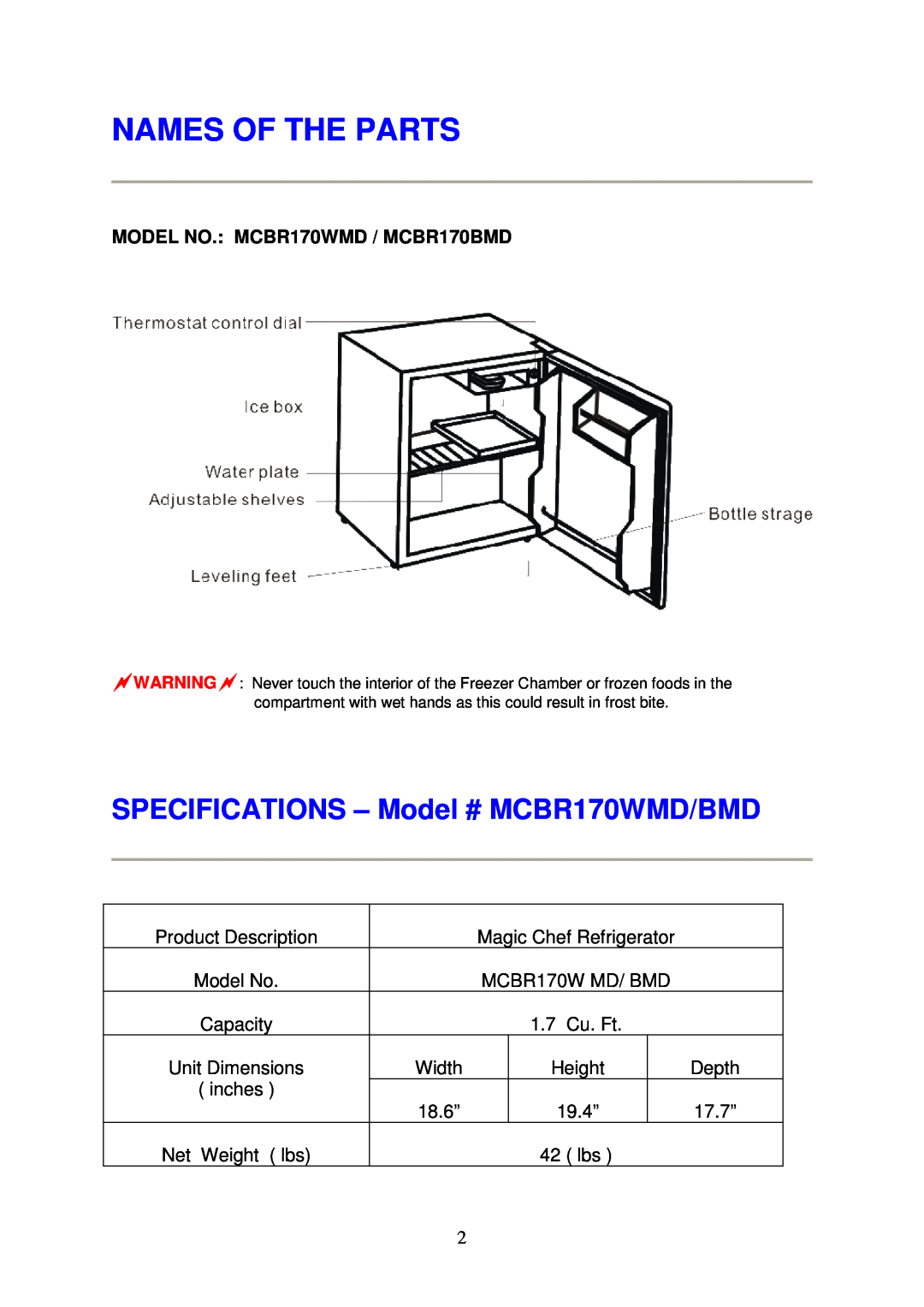 Magic Chef Names Of The Parts, MODEL NO. MCBR170WMD / MCBR170BMD, SPECIFICATIONS - Model # MCBR170WMD/BMD 