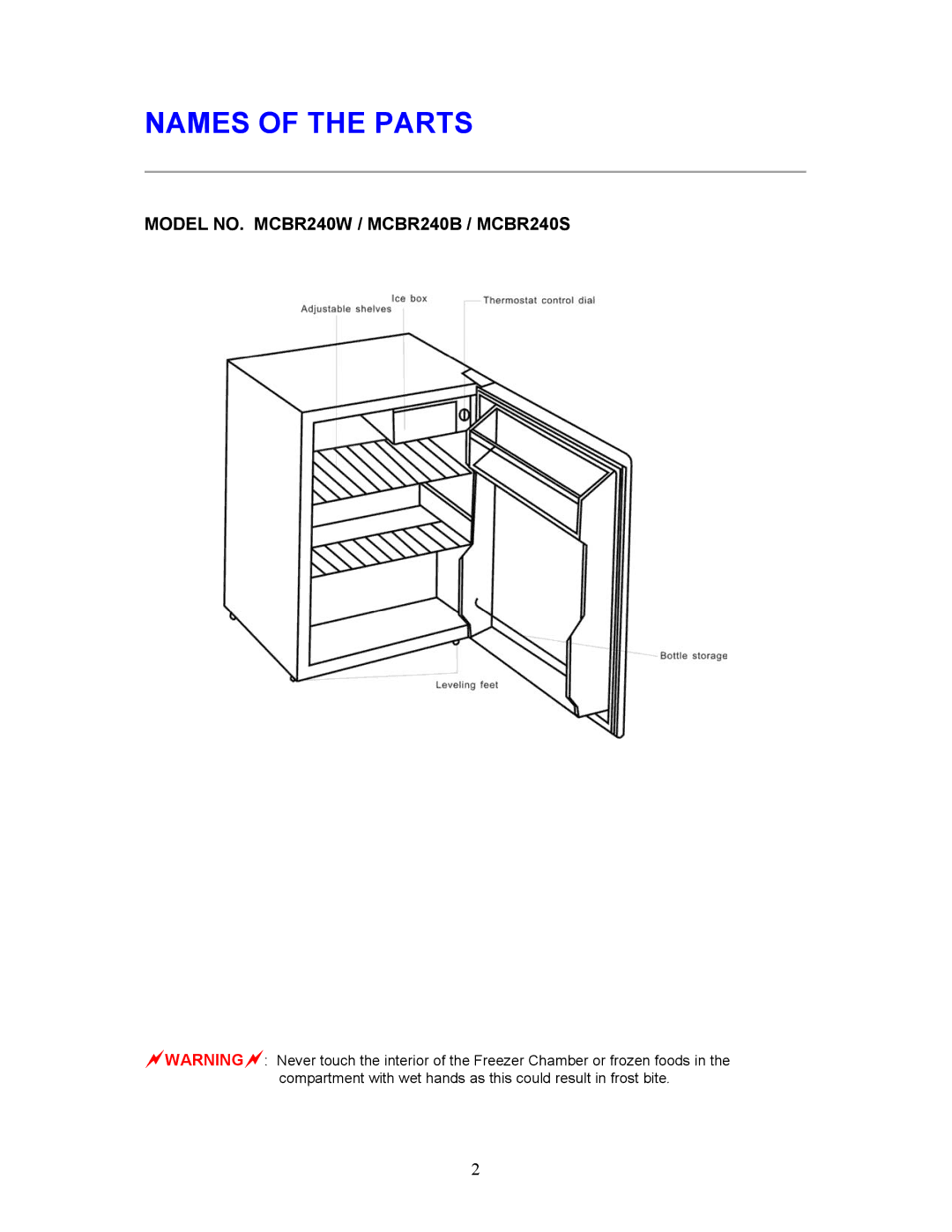 Magic Chef MCBR240S, MCBR240B instruction manual Names of the Parts 