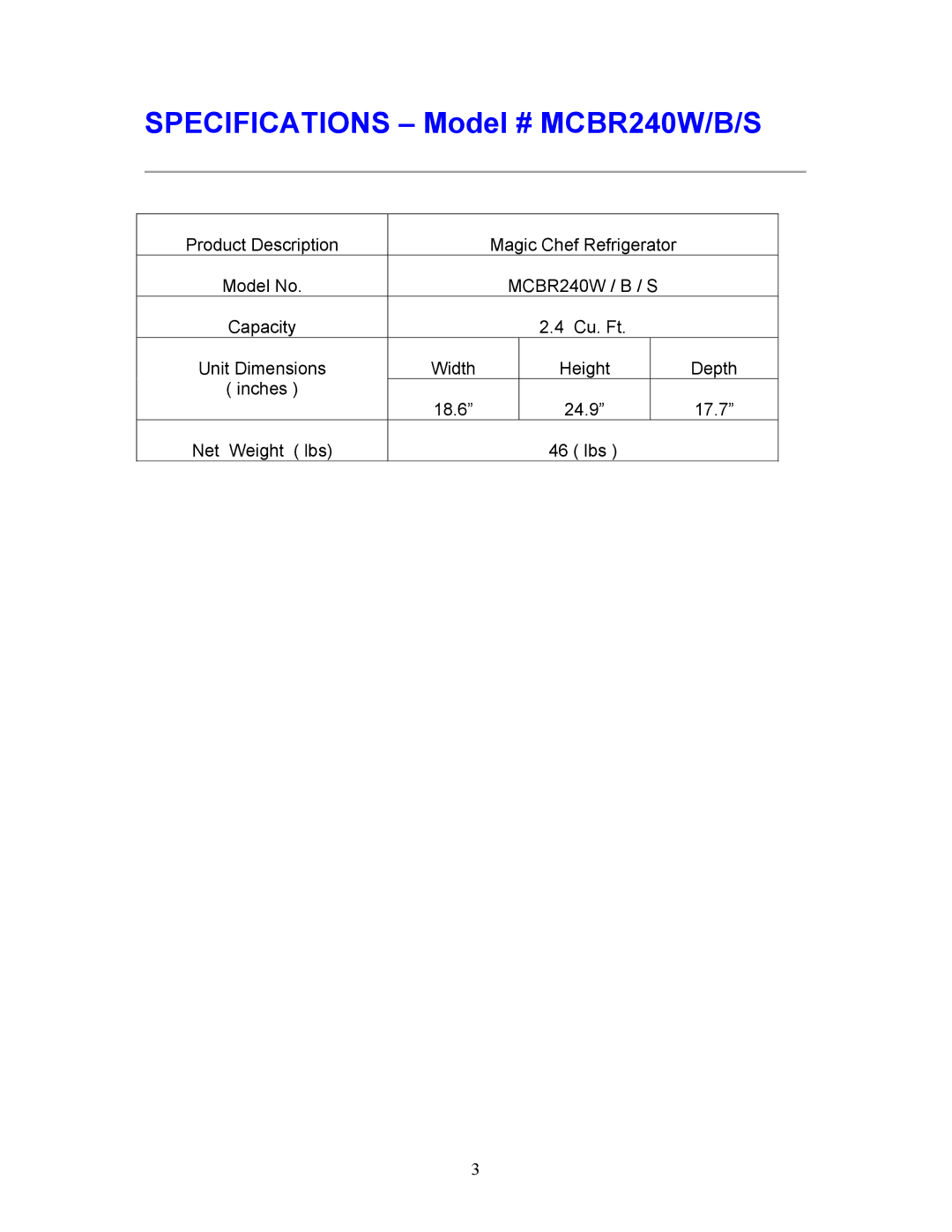 Magic Chef MCBR240B, MCBR240S instruction manual Specifications Model # MCBR240W/B/S 