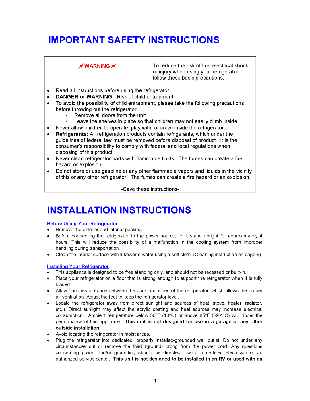 Magic Chef MCBR240S, MCBR240B Important Safety Instructions, Installation Instructions, Before Using Your Refrigerator 