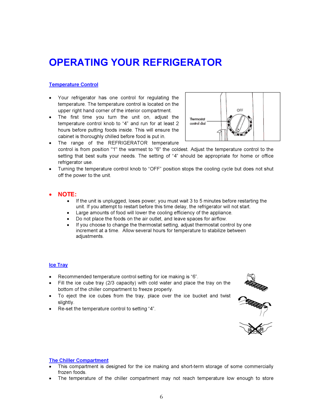 Magic Chef MCBR240S, MCBR240B Operating Your Refrigerator, Temperature Control, Ice Tray, Chiller Compartment 