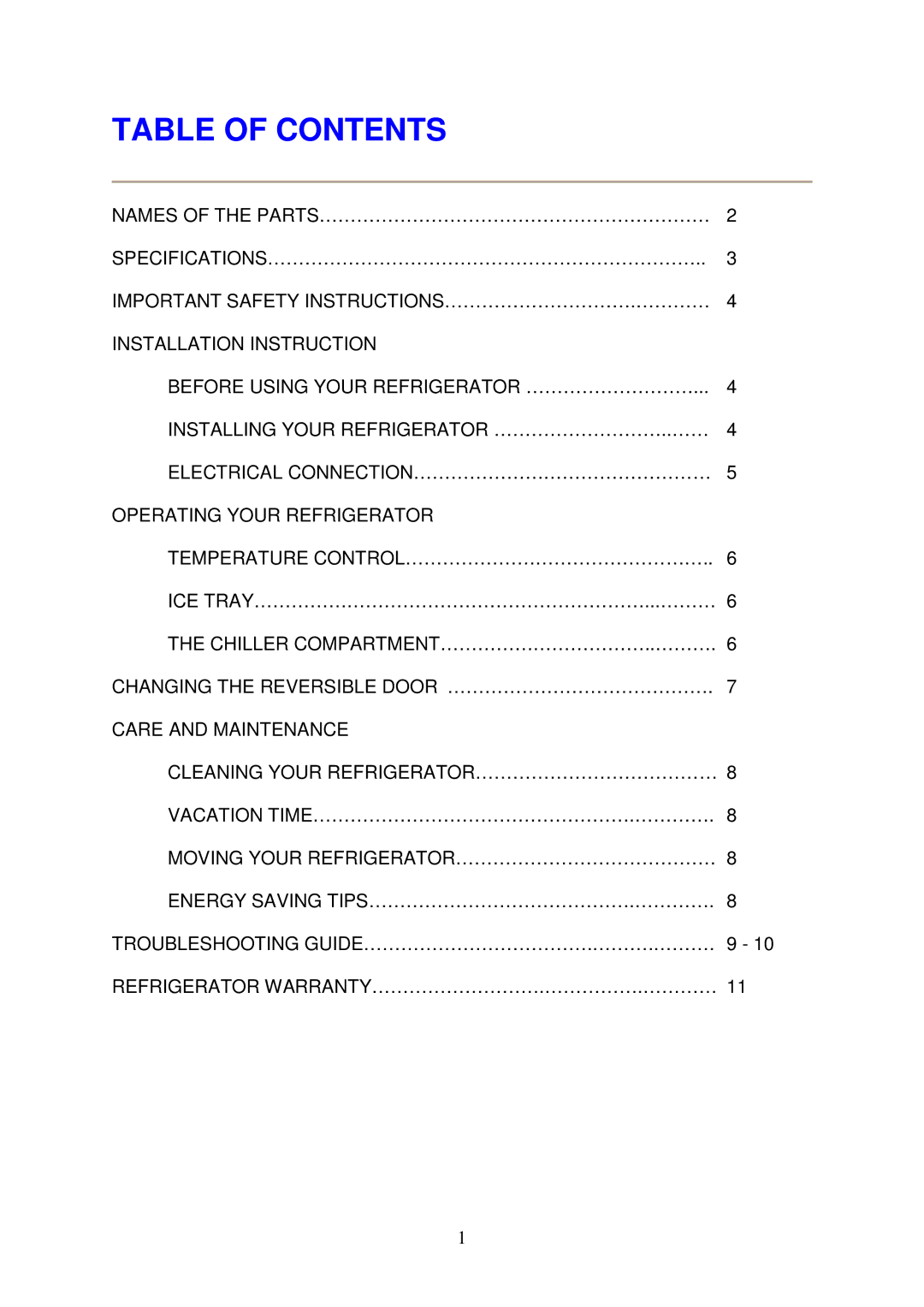 Magic Chef MCBR240W instruction manual Table of Contents 