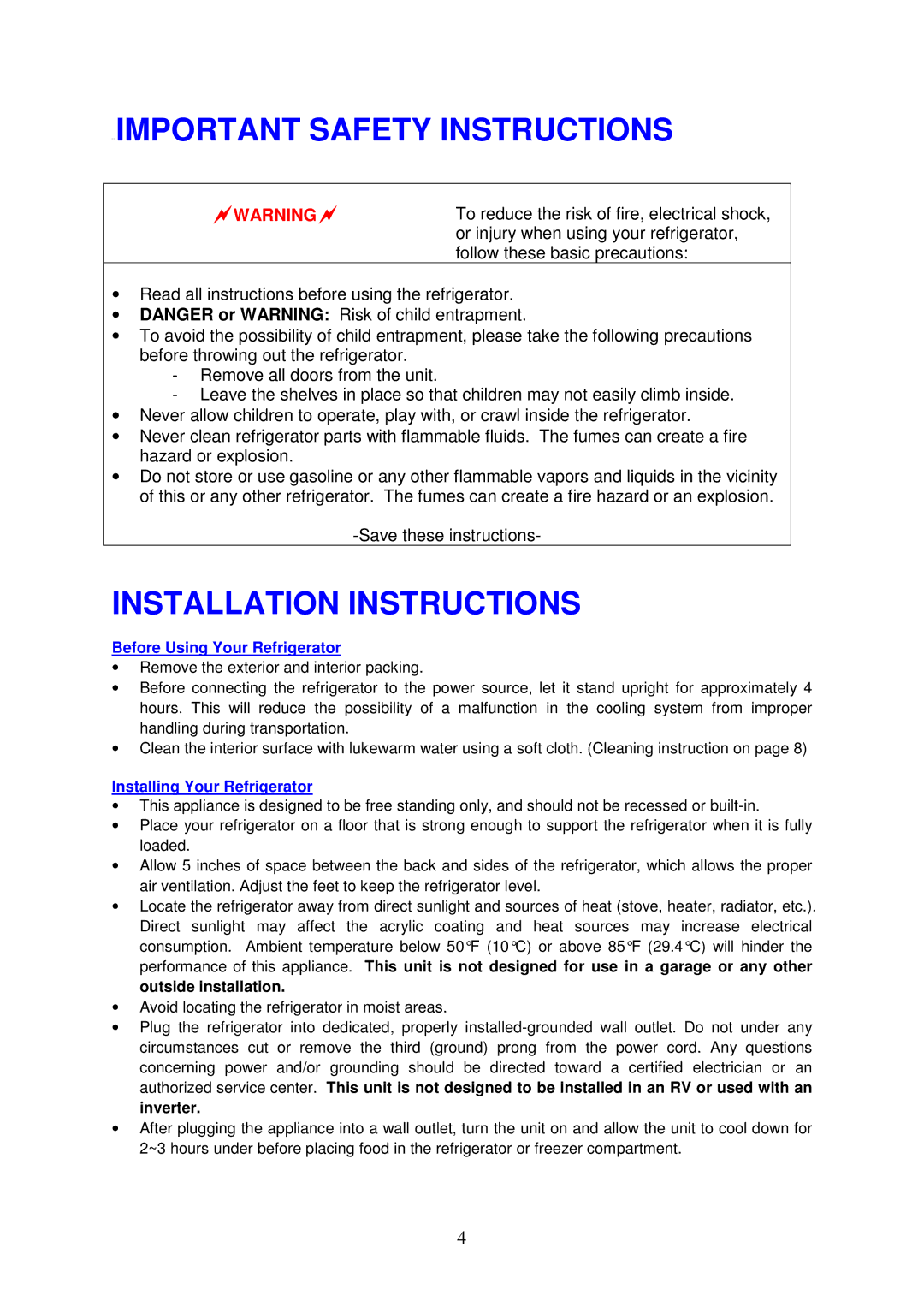 Magic Chef MCBR240W Important Safety Instructions, Installation Instructions, Before Using Your Refrigerator 