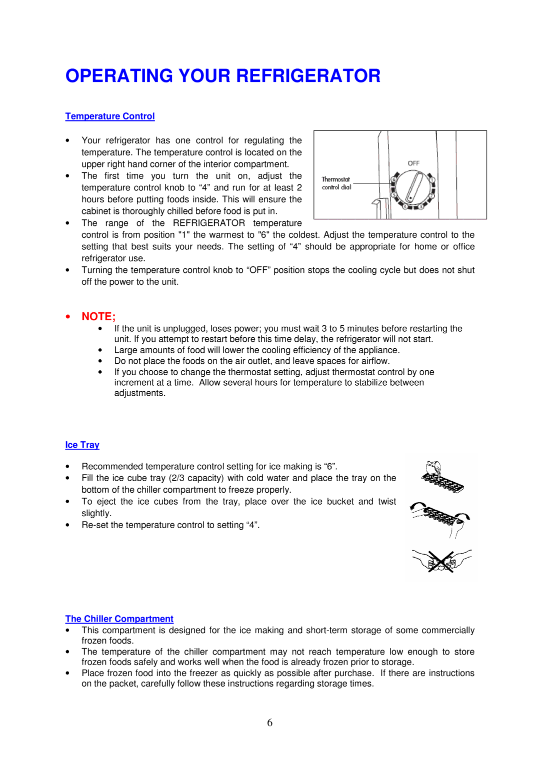 Magic Chef MCBR240W instruction manual Operating Your Refrigerator, Temperature Control, Ice Tray, Chiller Compartment 