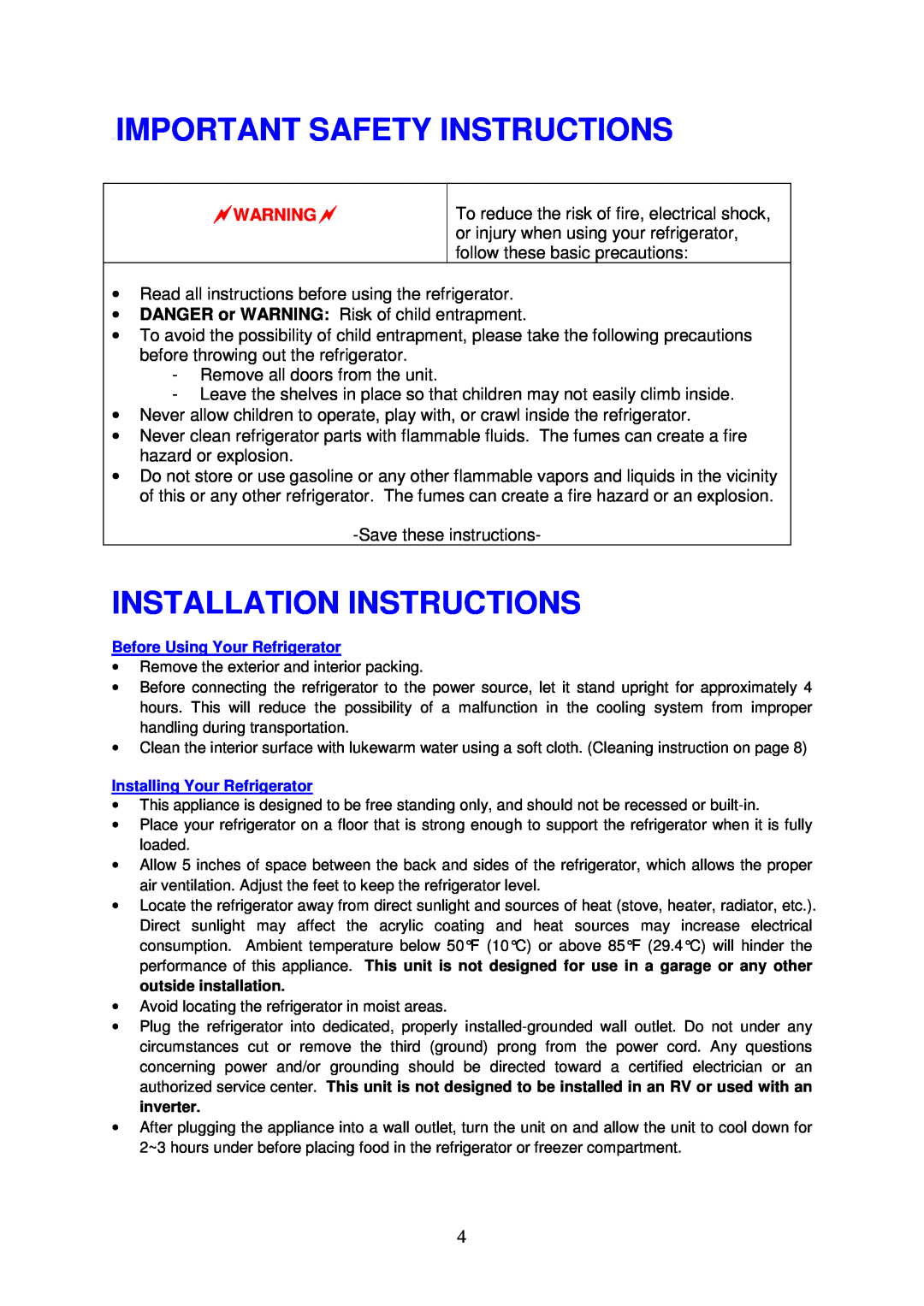 Magic Chef MCBR240W instruction manual Important Safety Instructions, Installation Instructions 