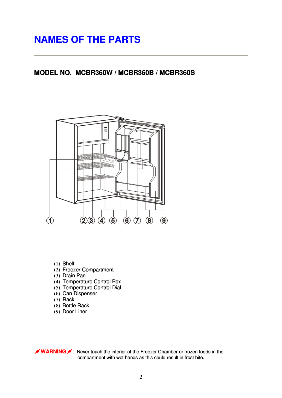Magic Chef instruction manual Names Of The Parts, MODEL NO. MCBR360W / MCBR360B / MCBR360S 
