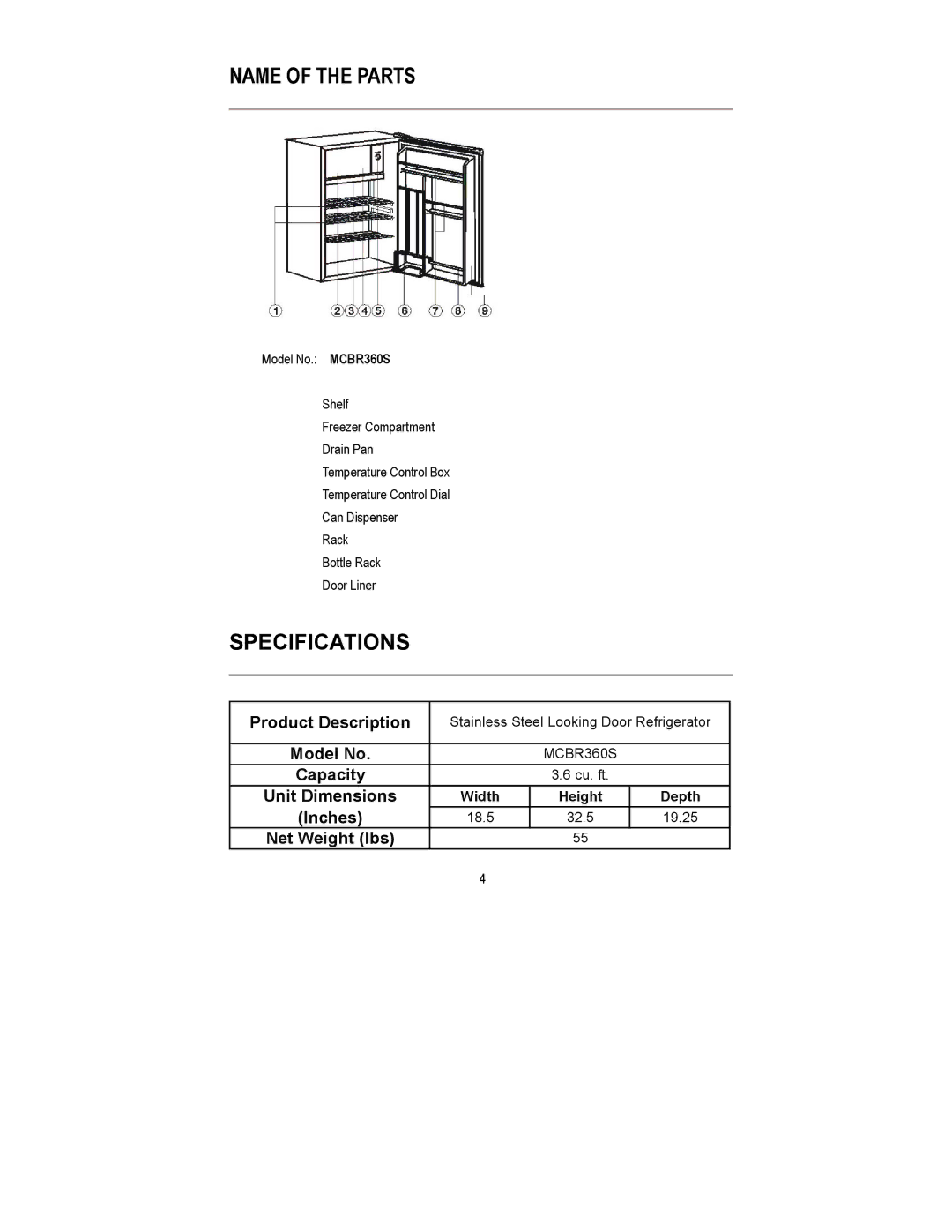 Magic Chef MCBR360S instruction manual Name of the Parts, Specifications 