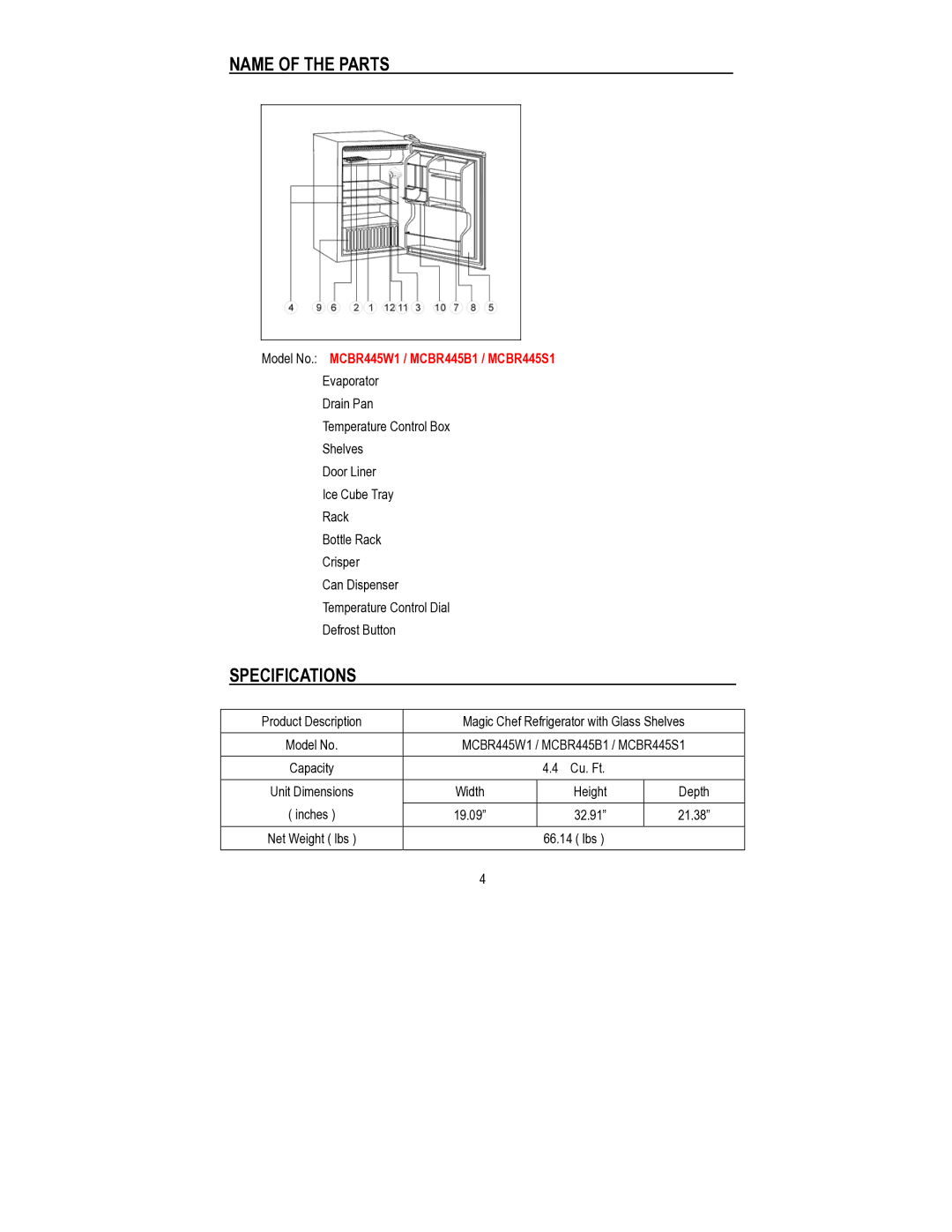 Magic Chef MCBR445B1 instruction manual Name of the Parts, Specifications 