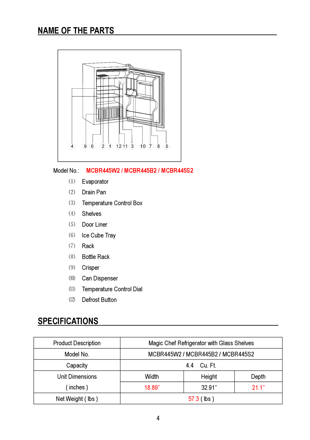 Magic Chef MCBR445W2, MCBR445B2, MCBR445S2 instruction manual Name of the Parts, Specifications 