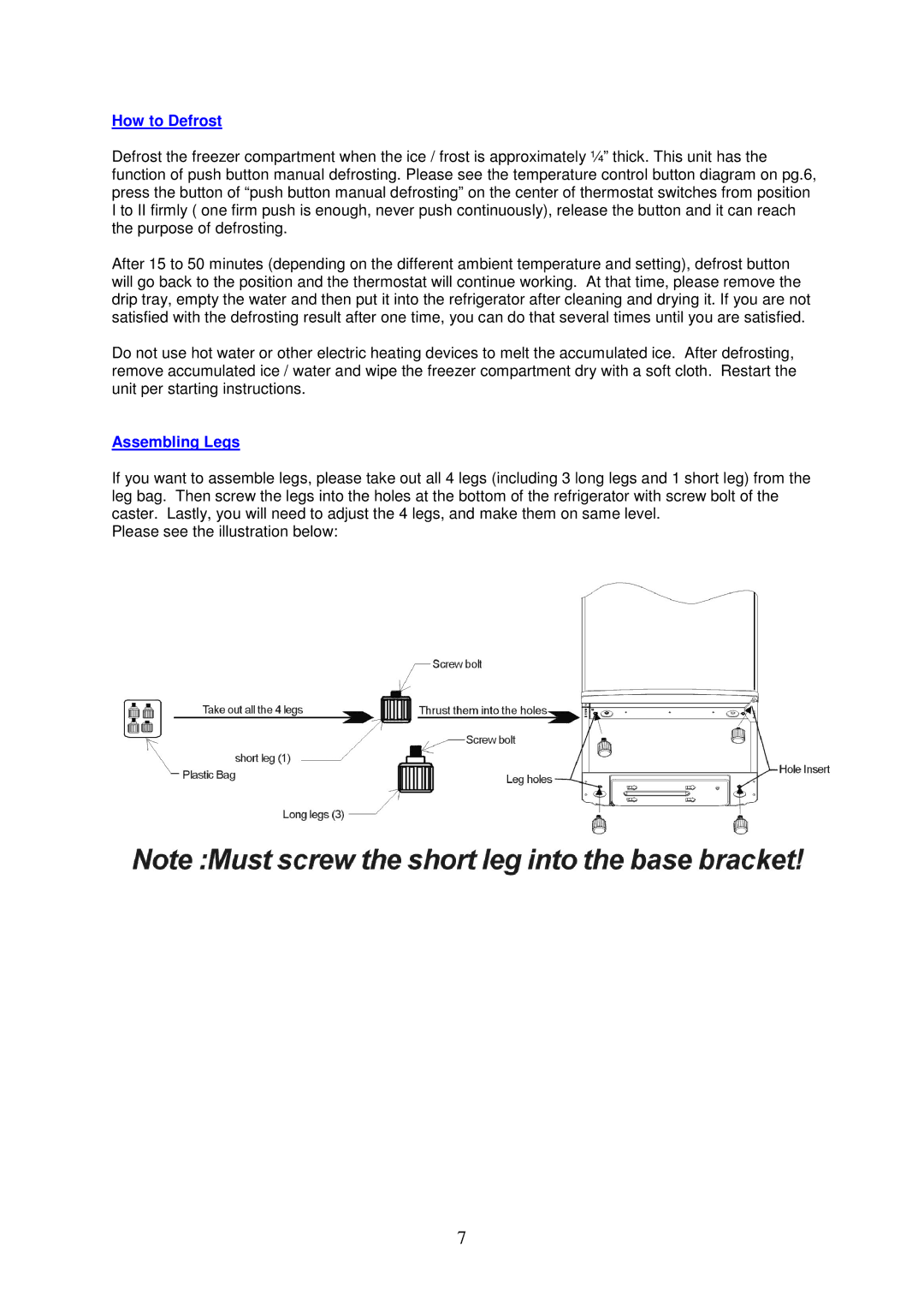 Magic Chef MCBR460S instruction manual How to Defrost, Assembling Legs 