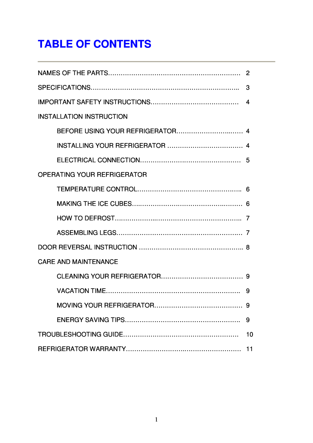 Magic Chef MCBR460S instruction manual Table Of Contents 