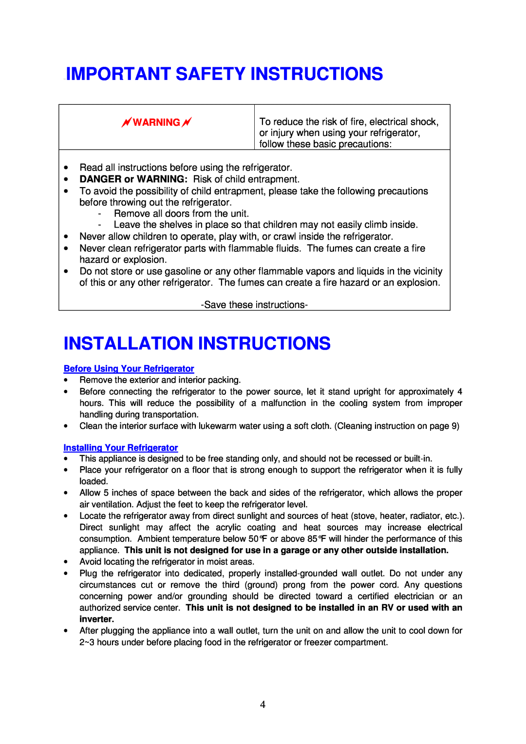 Magic Chef MCBR460S instruction manual Important Safety Instructions, Installation Instructions 