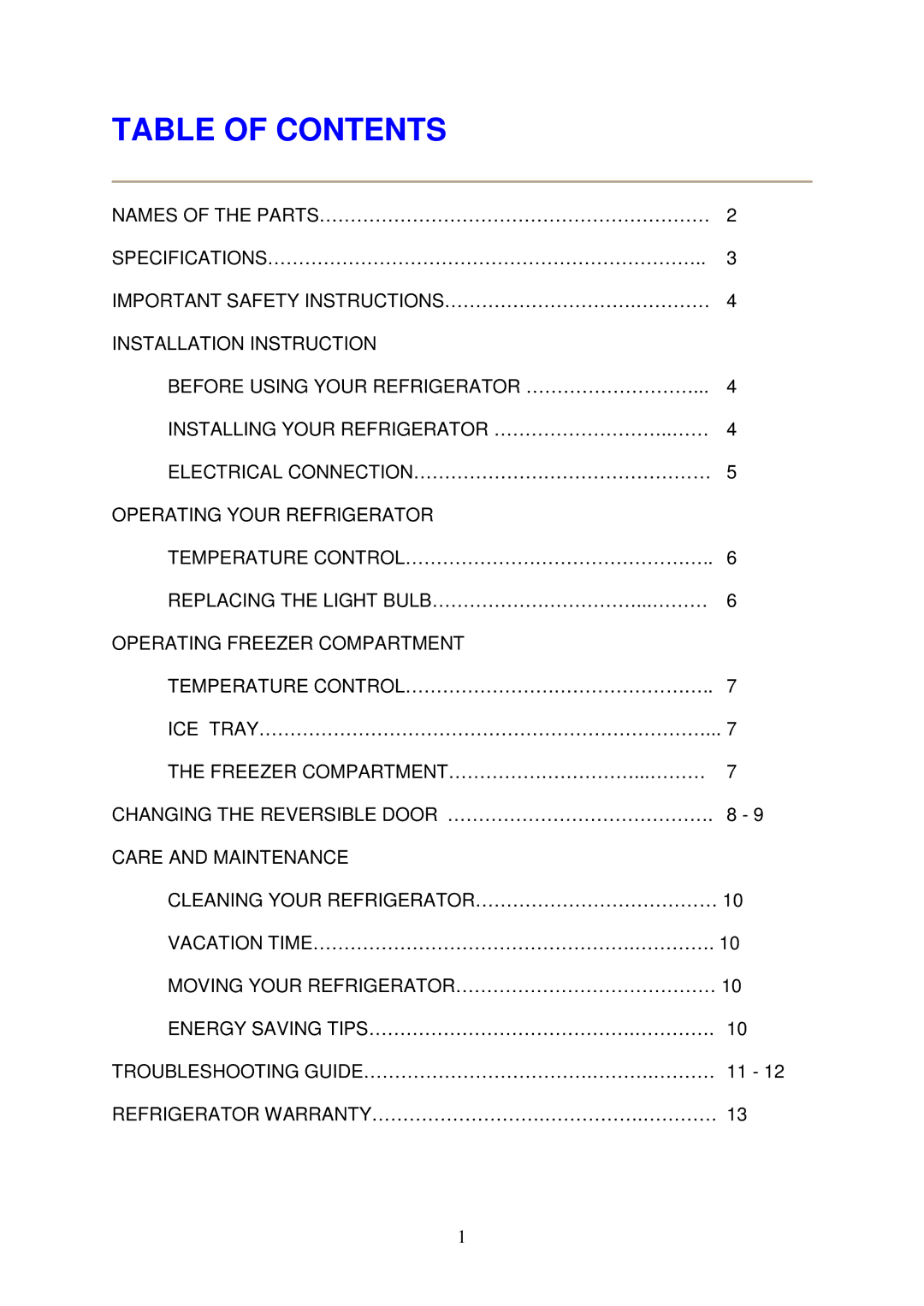 Magic Chef MCBR480W instruction manual Table of Contents 