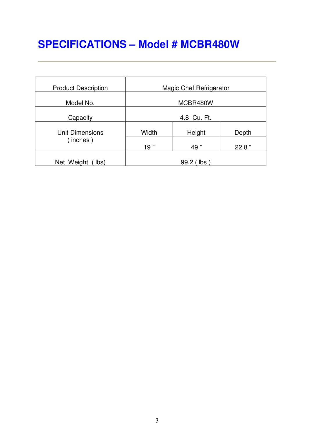 Magic Chef instruction manual Specifications Model # MCBR480W 