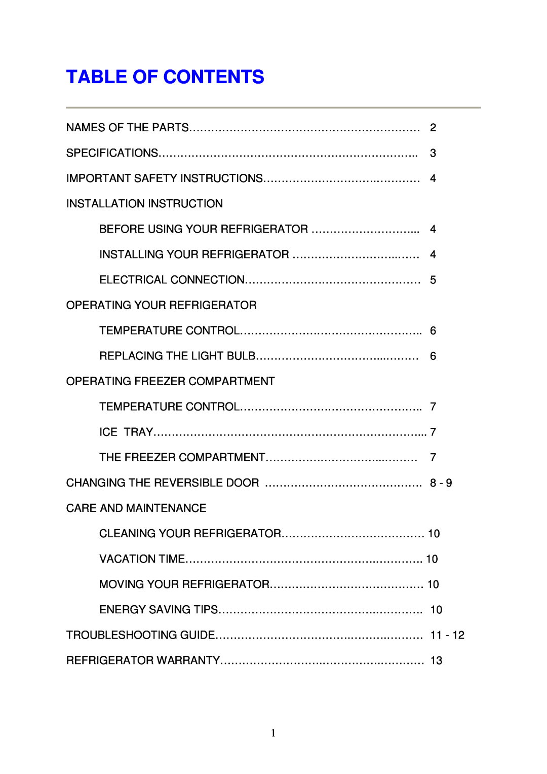 Magic Chef MCBR480W instruction manual Table Of Contents 
