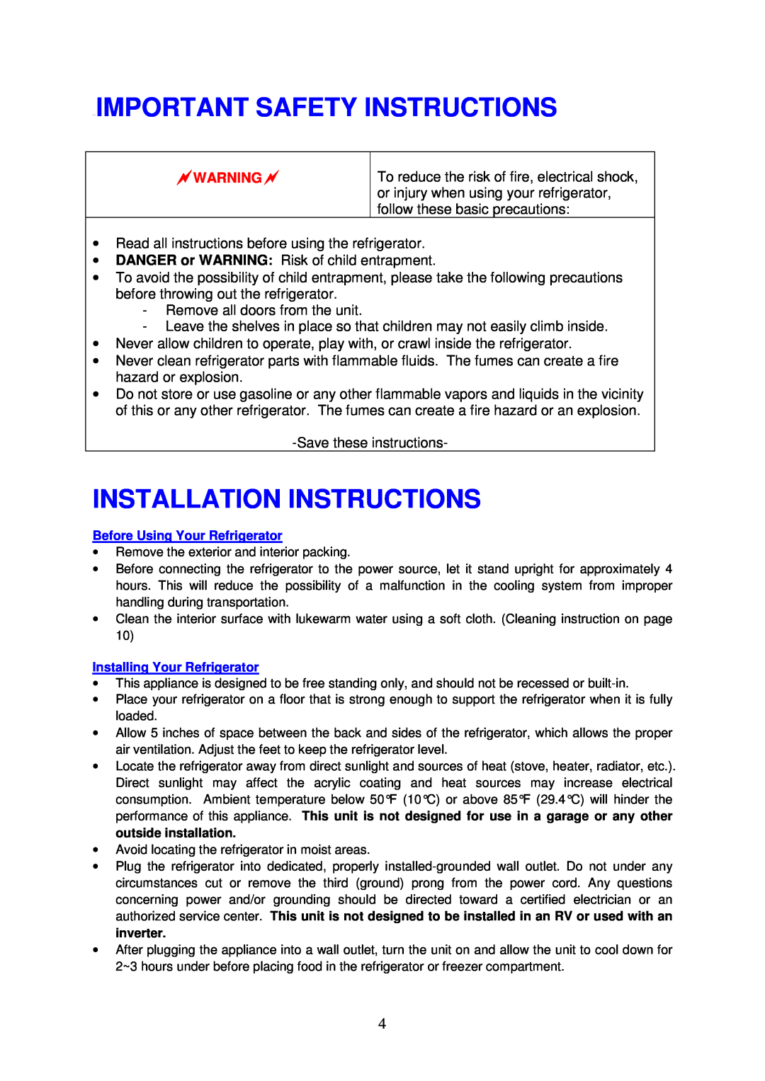 Magic Chef MCBR480W instruction manual Important Safety Instructions, Installation Instructions 