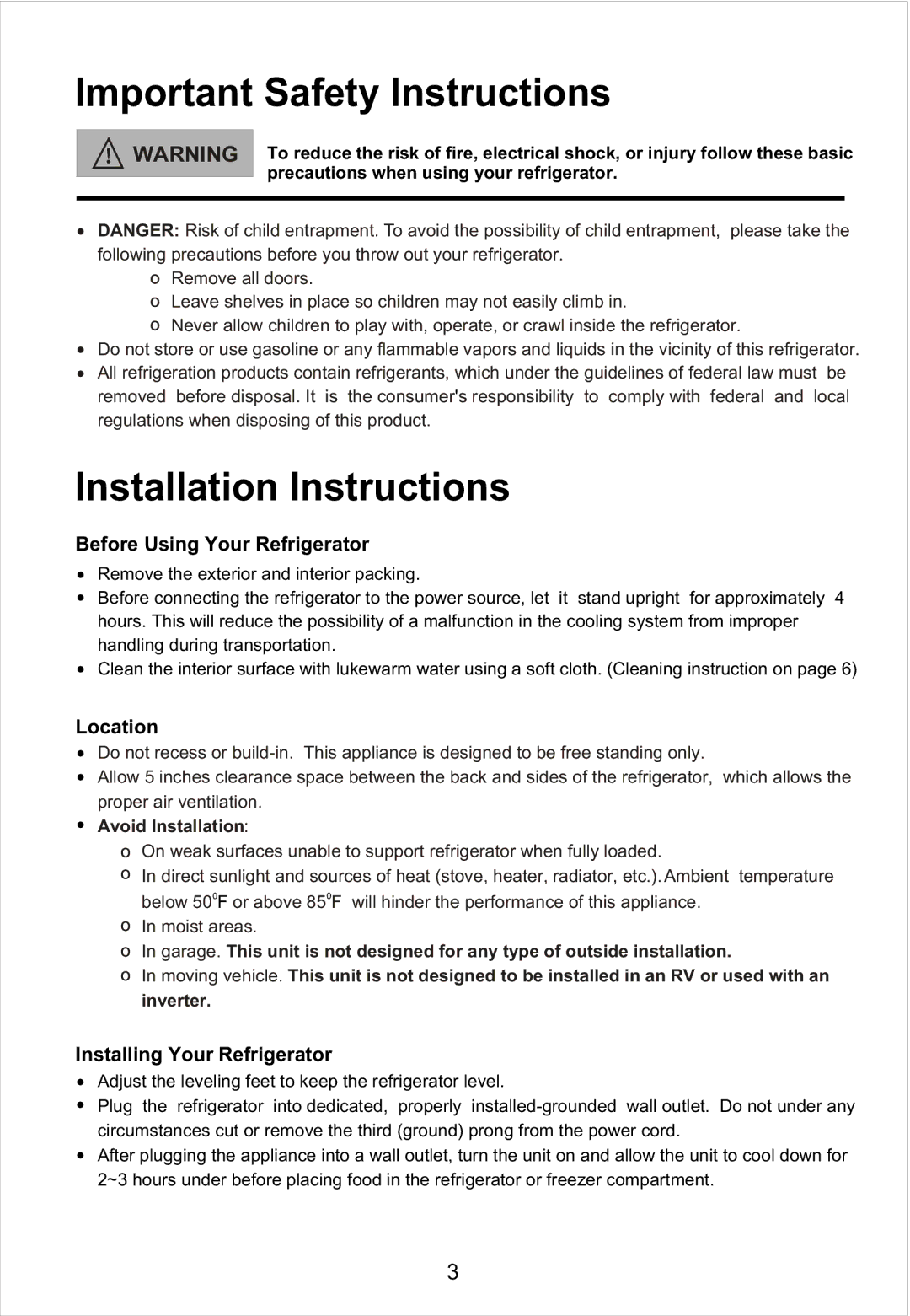 Magic Chef MCBR510W Important Safety Instructions, Installation Instructions, Before Using Your Refrigerator, Location 