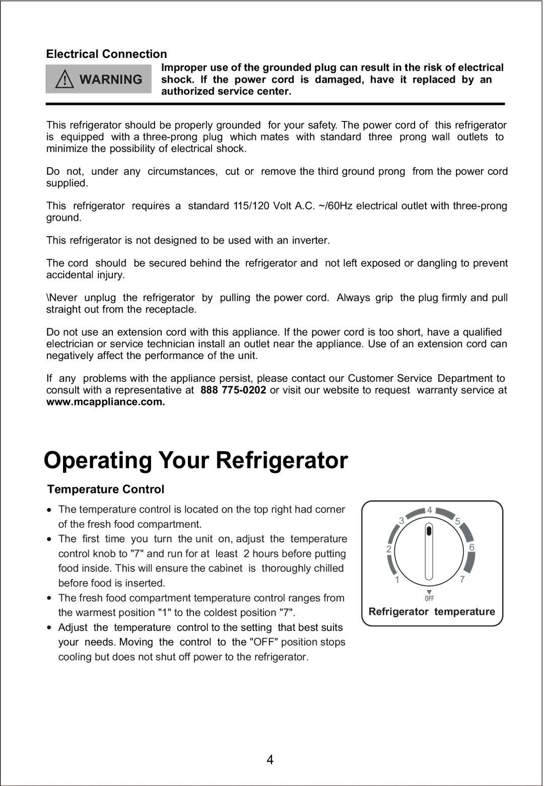 Magic Chef MCBR510W important safety instructions Operating Your Refrigerator, Electrical Connection, Temperature Control 