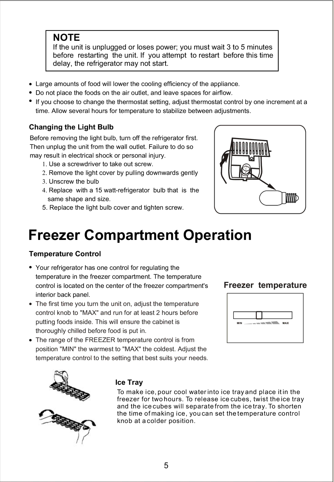 Magic Chef MCBR510W important safety instructions Freezer Compartment Operation, Changing the Light Bulb, Ice Tray 