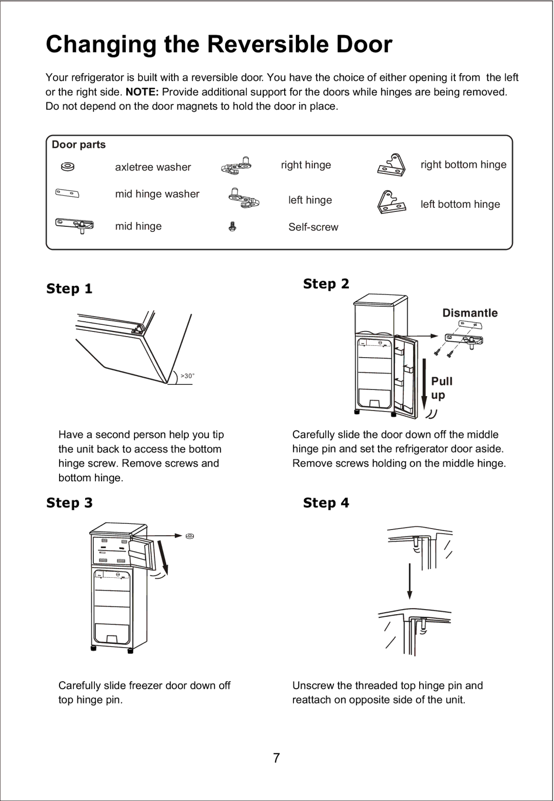 Magic Chef MCBR510W important safety instructions Changing the Reversible Door, Door parts 